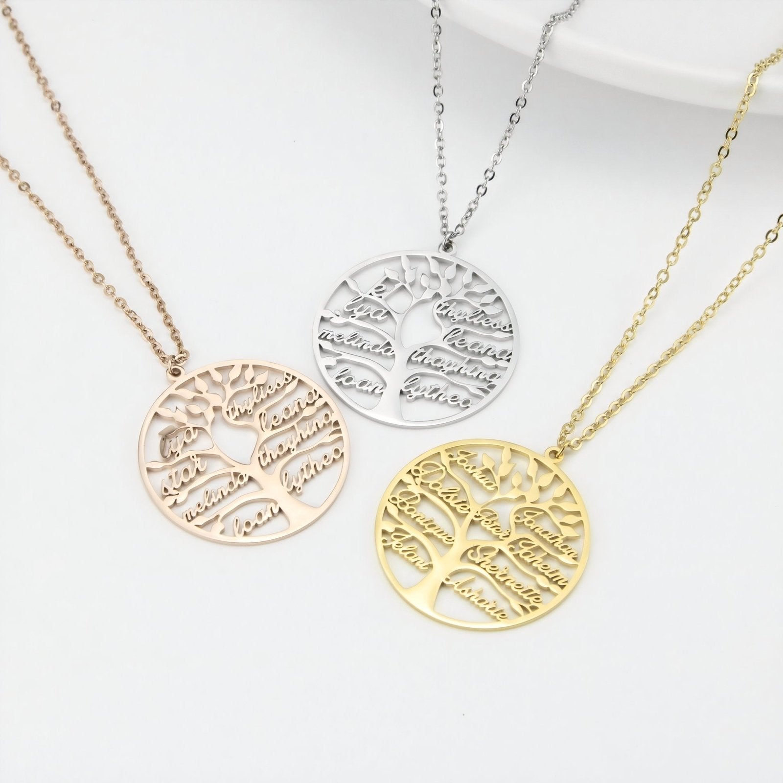 Collier arbre de vie familial, personnalisable avec prénoms, en acier inoxydable, modèle Oriane