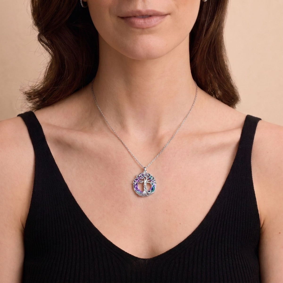 Collier arbre de vie pour femme, en argent 925, avec cristal coloré