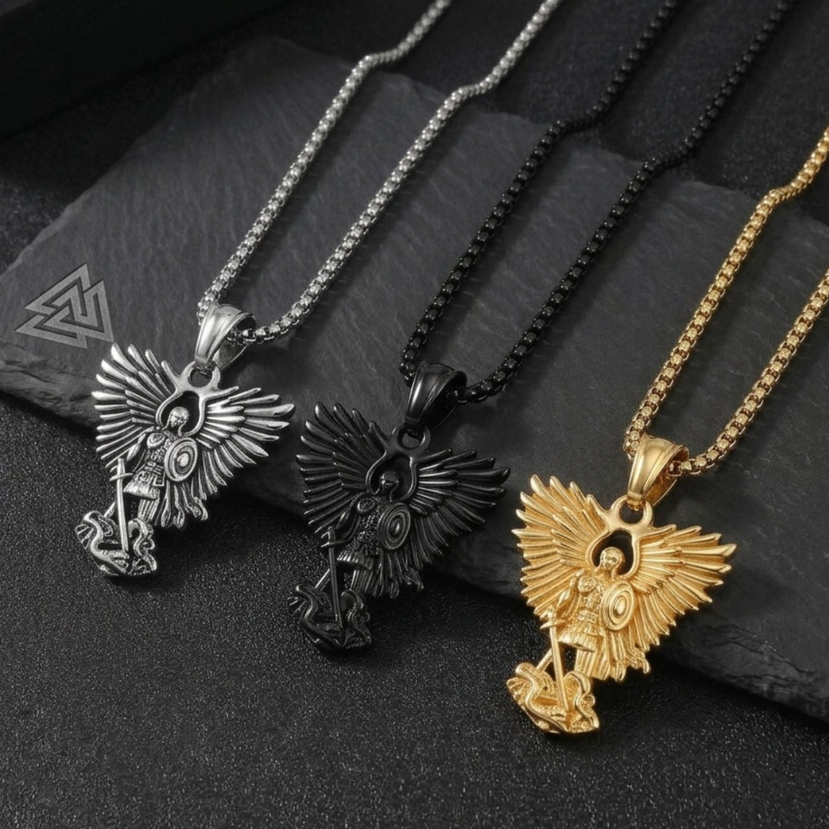 Collier archange Saint Michel pour homme, en acier inoxydable, pendentif guerrier ailé avec épée et bouclier