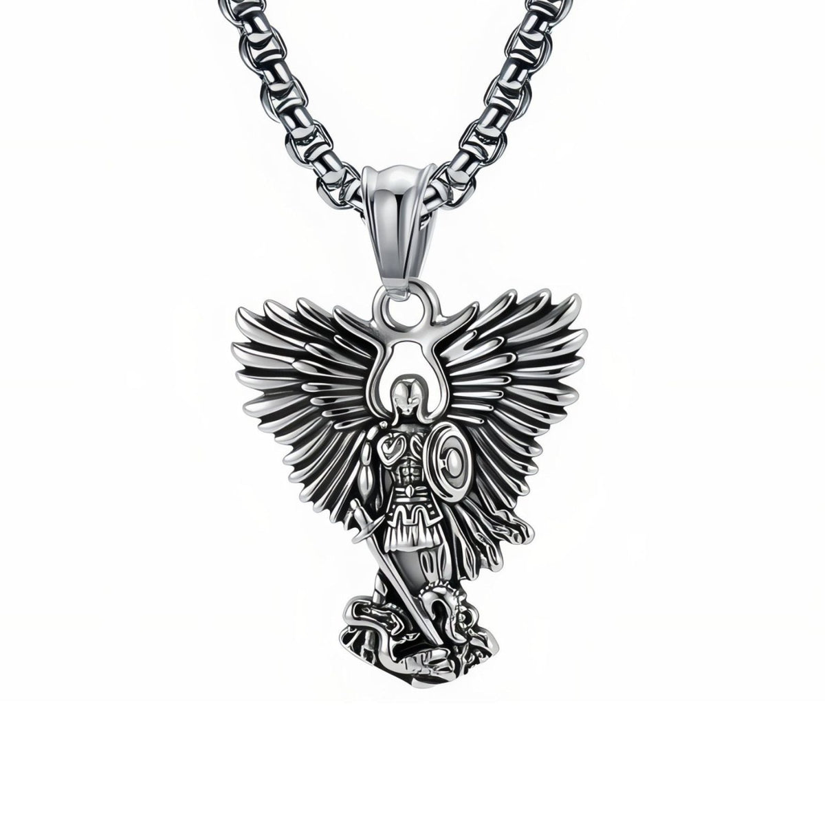 Collier archange Saint Michel pour homme, en acier inoxydable, pendentif guerrier ailé avec épée et bouclier
