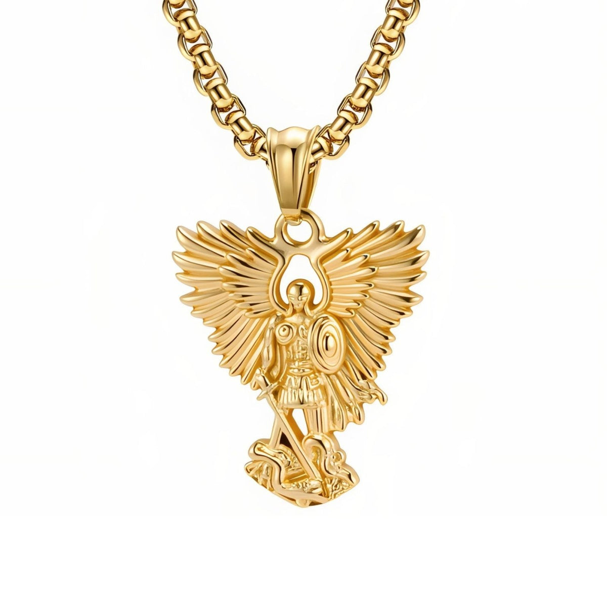 Collier archange Saint Michel pour homme, en acier inoxydable, pendentif guerrier ailé avec épée et bouclier