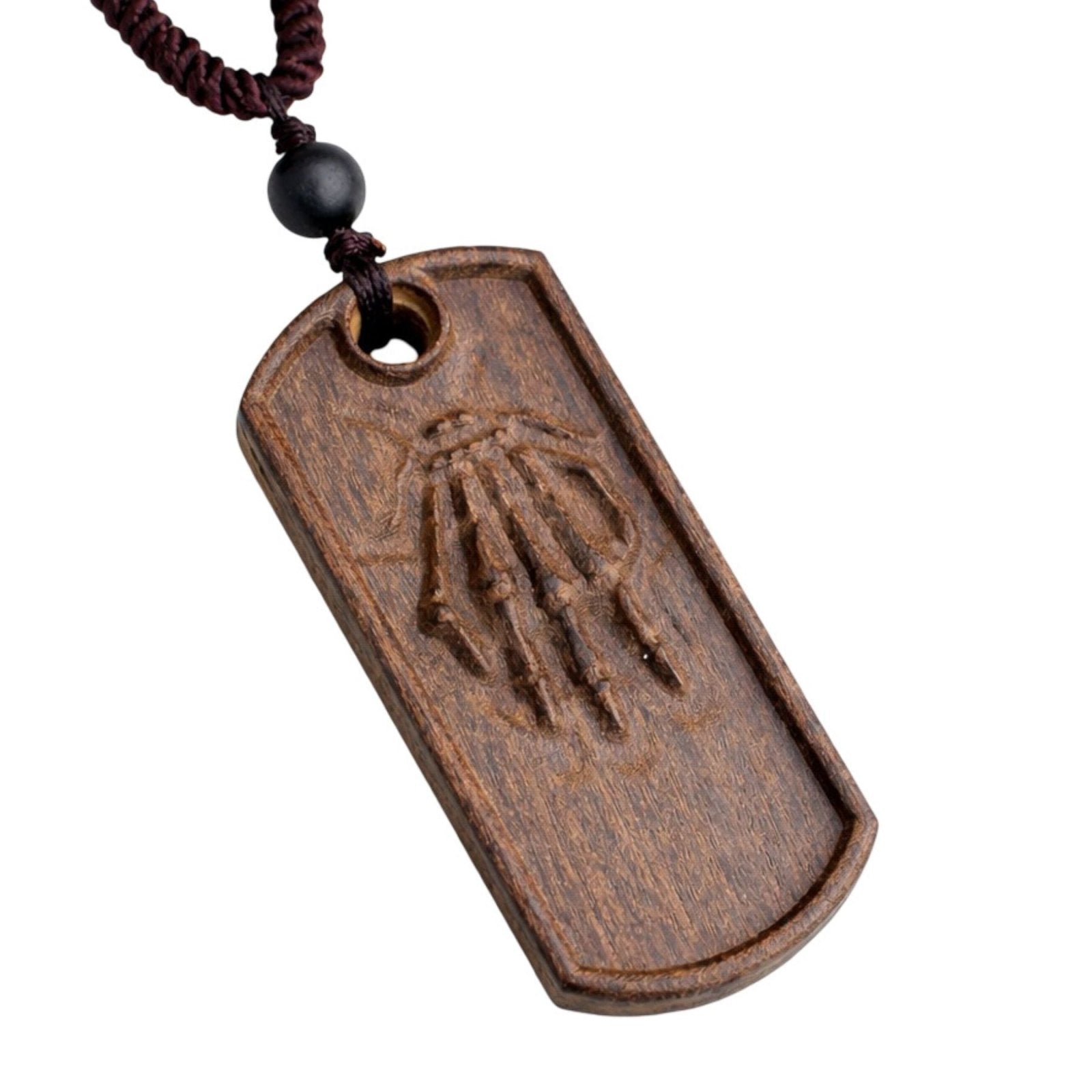 Collier artisanal en bois naturel sculpté, avec pendentif main ancestrale, style bohème