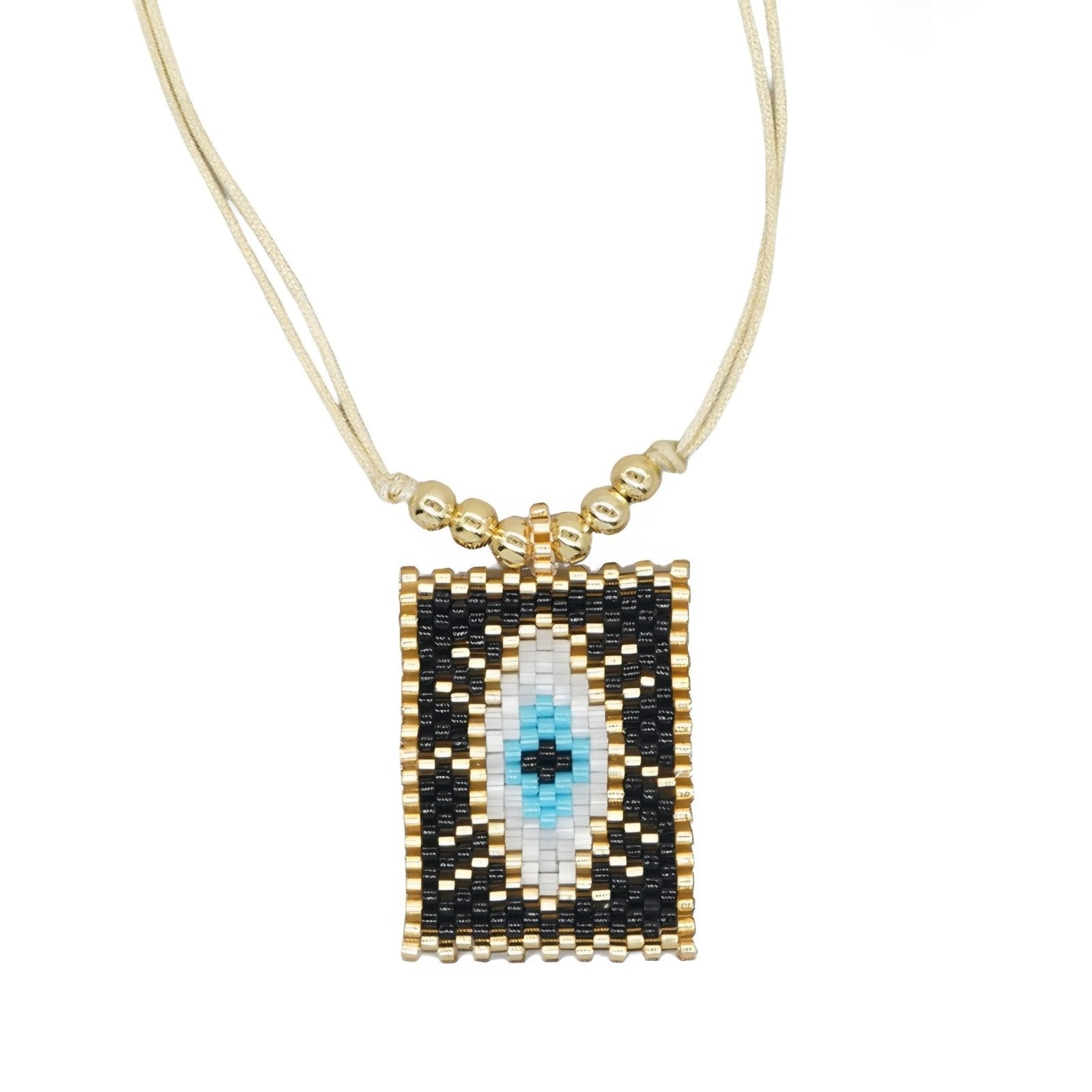 Collier artisanal multicolore en perles Miyuki, motif œil protecteur ou cœur sacré, cordon doré