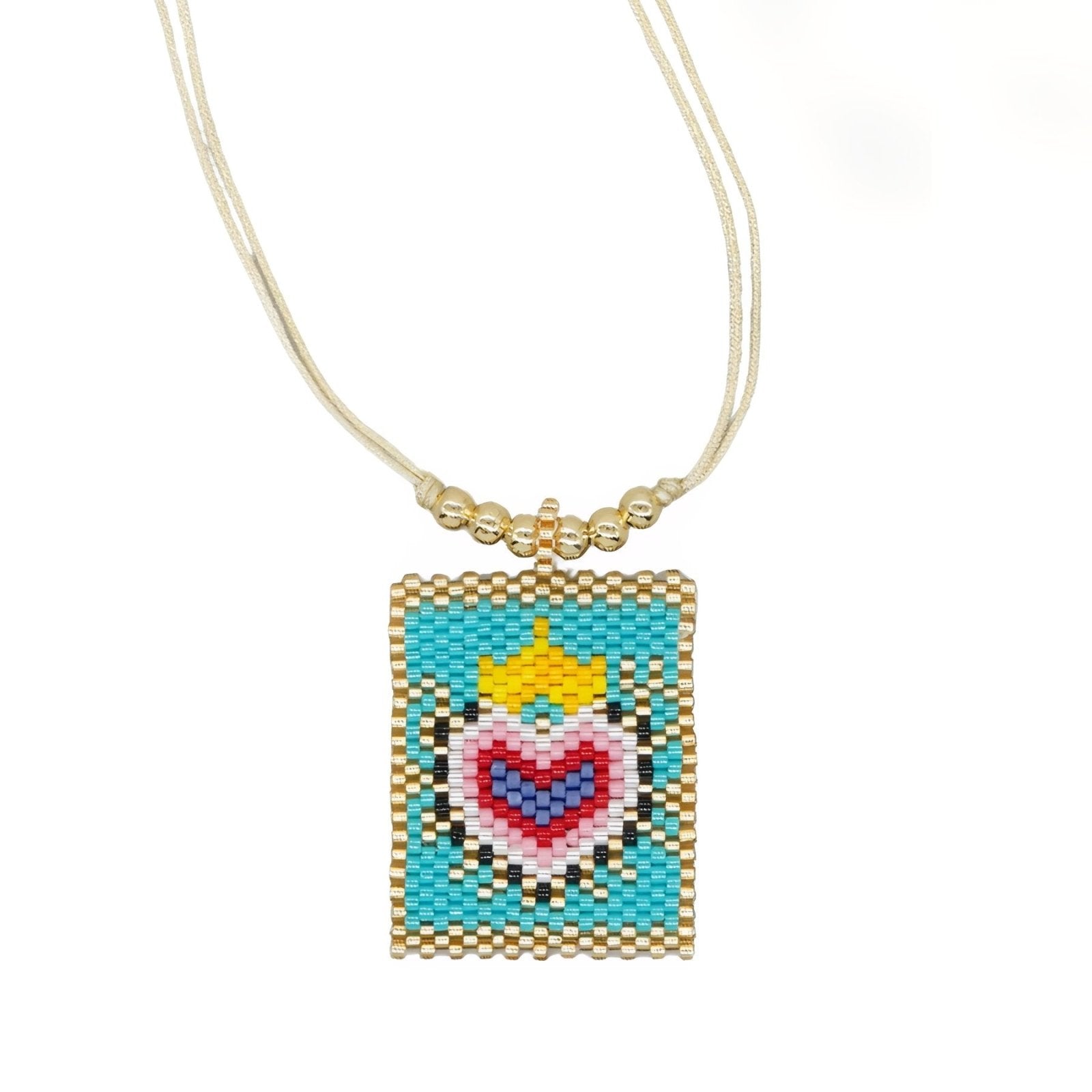 Collier artisanal multicolore en perles Miyuki, motif œil protecteur ou cœur sacré, cordon doré