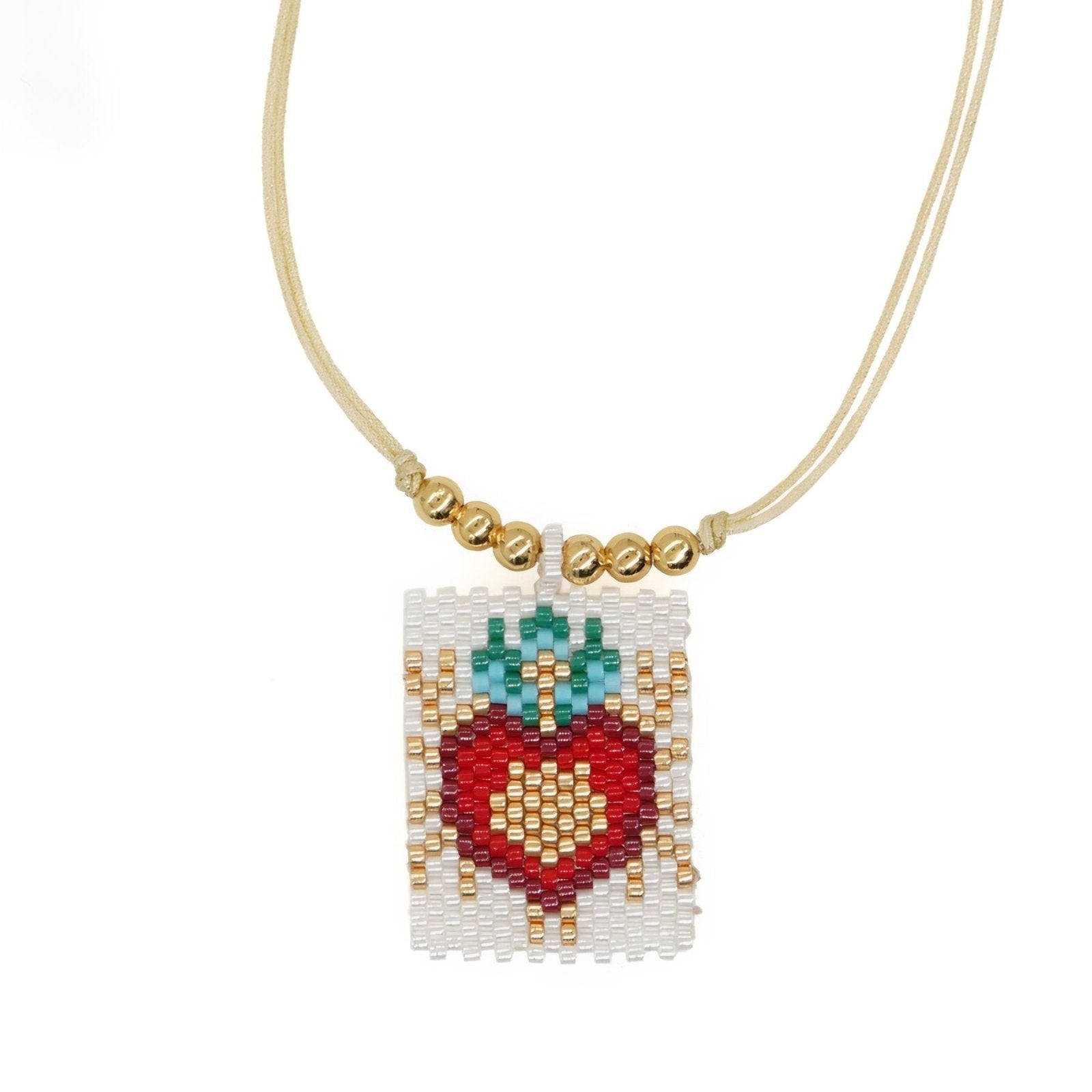 Collier artisanal multicolore en perles Miyuki, motif œil protecteur ou cœur sacré, cordon doré