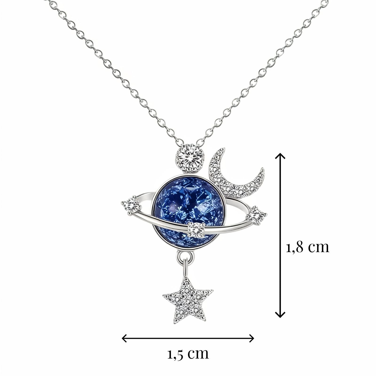 Collier astral maille forçat, pierre bleue galactique et motifs lunaires, en argent 925, modèle Vega