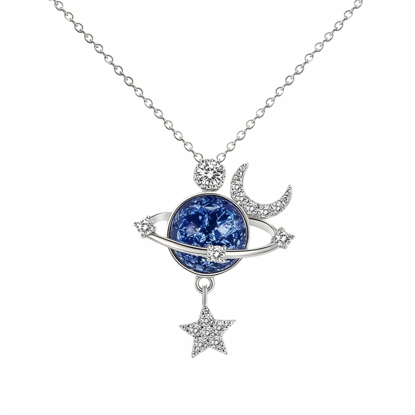 Collier astral maille forçat, pierre bleue galactique et motifs lunaires, en argent 925, modèle Vega