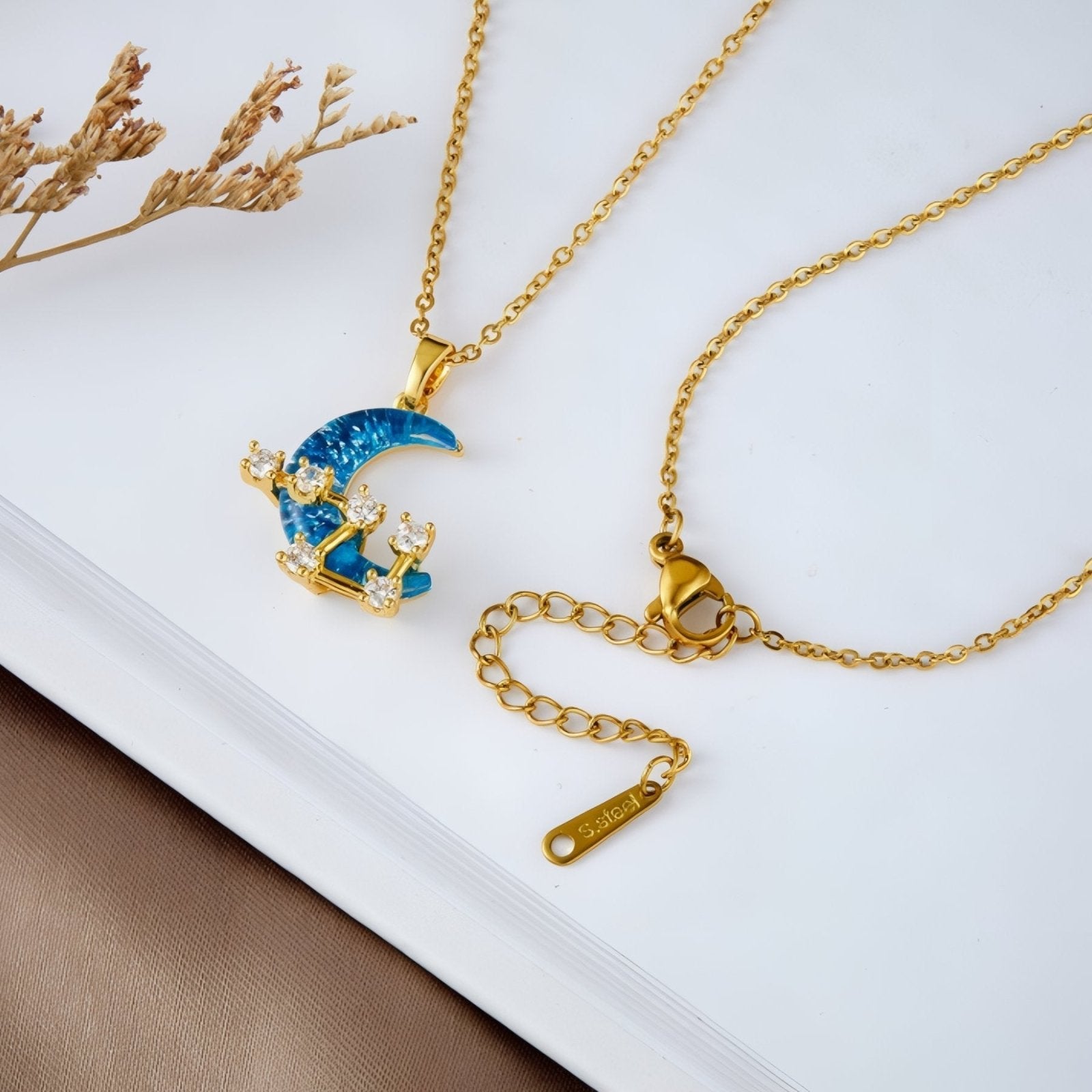 Collier astral pour femme, pendentif lune bleue et constellation, en acier inoxydable et zircon