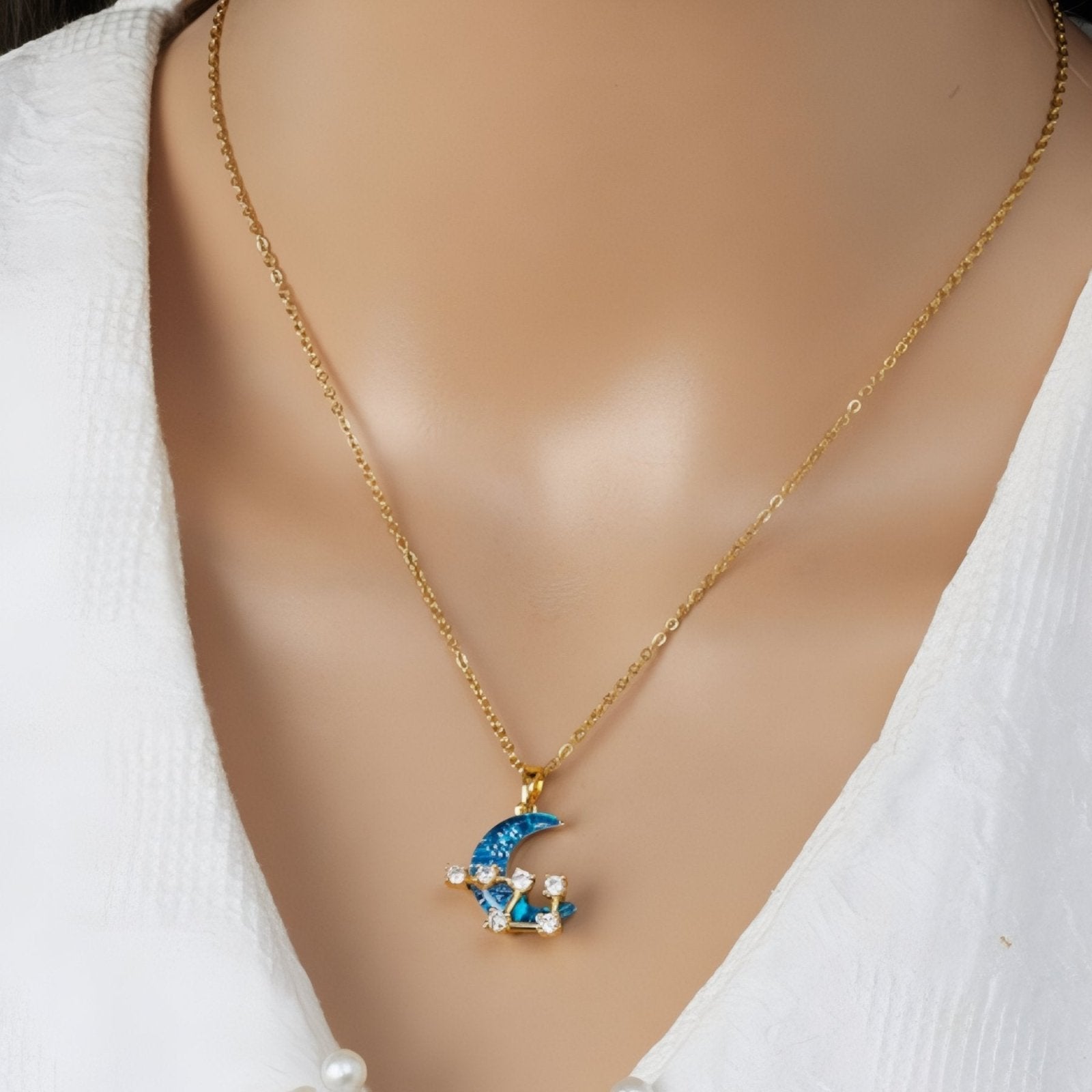 Collier astral pour femme, pendentif lune bleue et constellation, en acier inoxydable et zircon