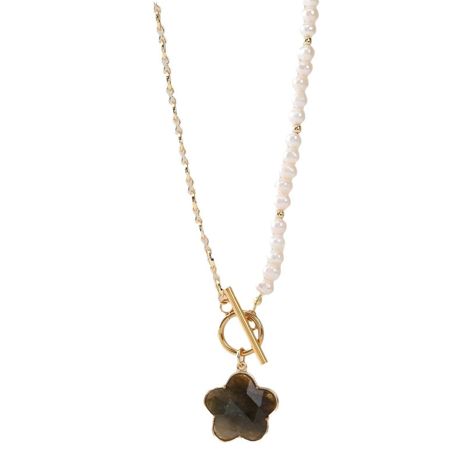 Collier asymétrique femme, maille grain de café dorée, pendentif fleur en pierre naturelle, modèle Sakura