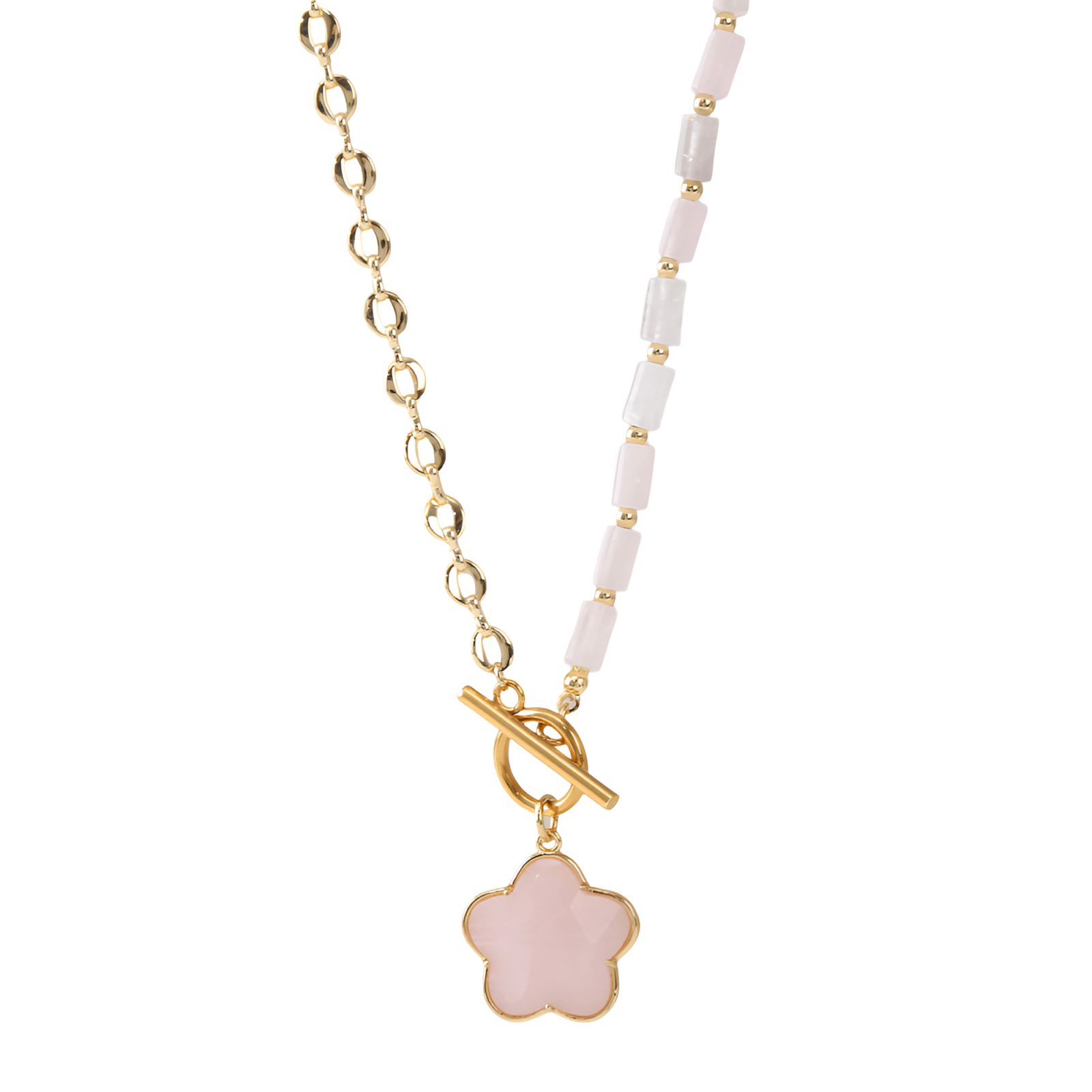 Collier asymétrique femme, maille grain de café dorée, pendentif fleur en pierre naturelle, modèle Sakura
