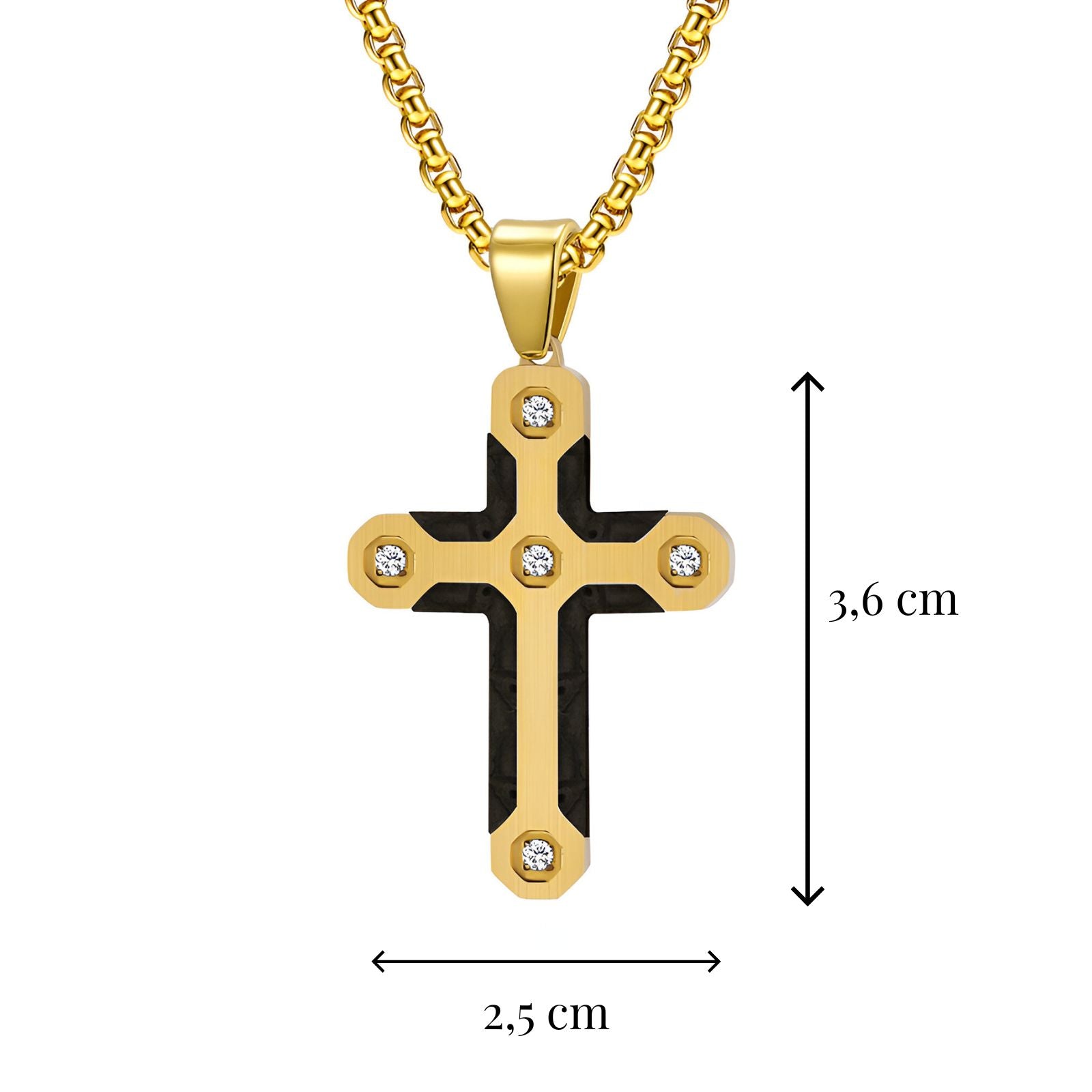 Collier avec croix en fibre de carbone noire et strass, chaîne jaseron, modèle Matthias