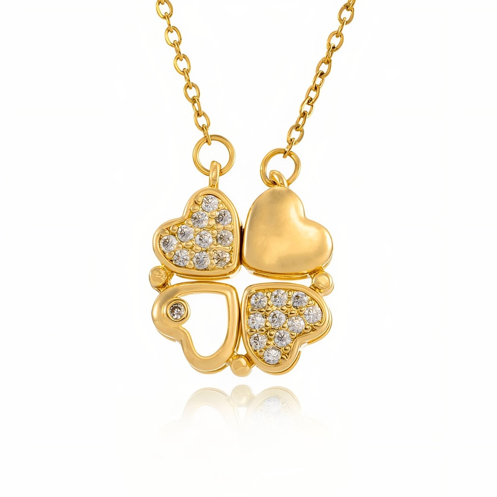 Collier bijou 2 - en - 1, pendentif trèfle, mix de cœurs pleins et zircon, chaîne dorée, modèle Mirabella