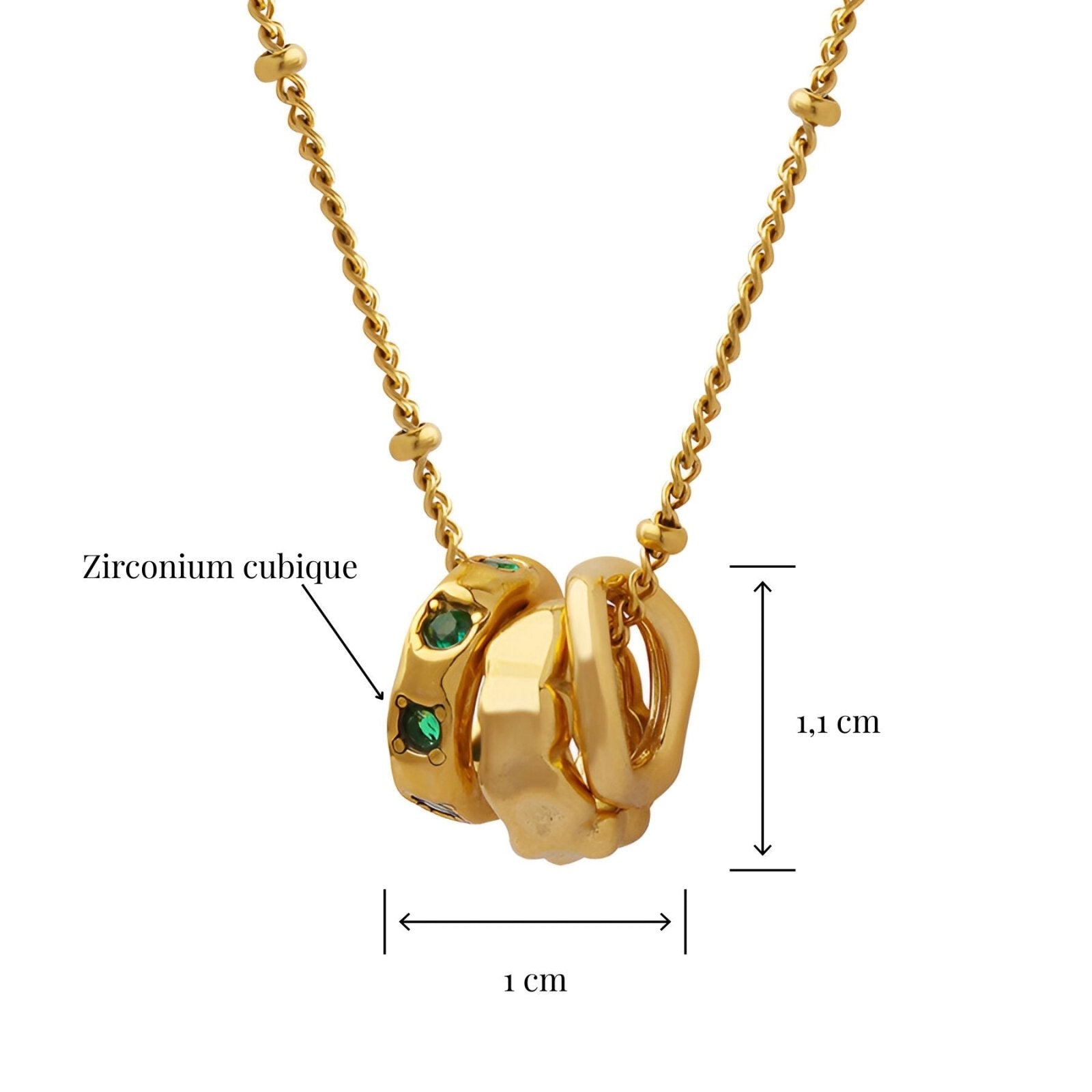 Collier bijou doré trois anneaux entrelacés, strass verts, style contemporain féminin, modèle Yara
