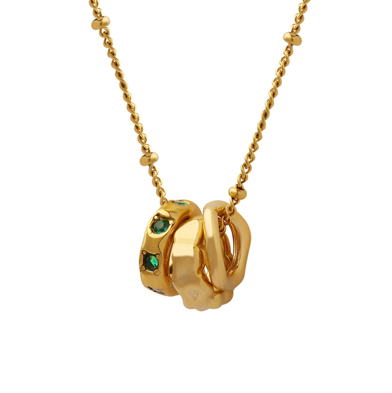 Collier bijou doré trois anneaux entrelacés, strass verts, style contemporain féminin, modèle Yara