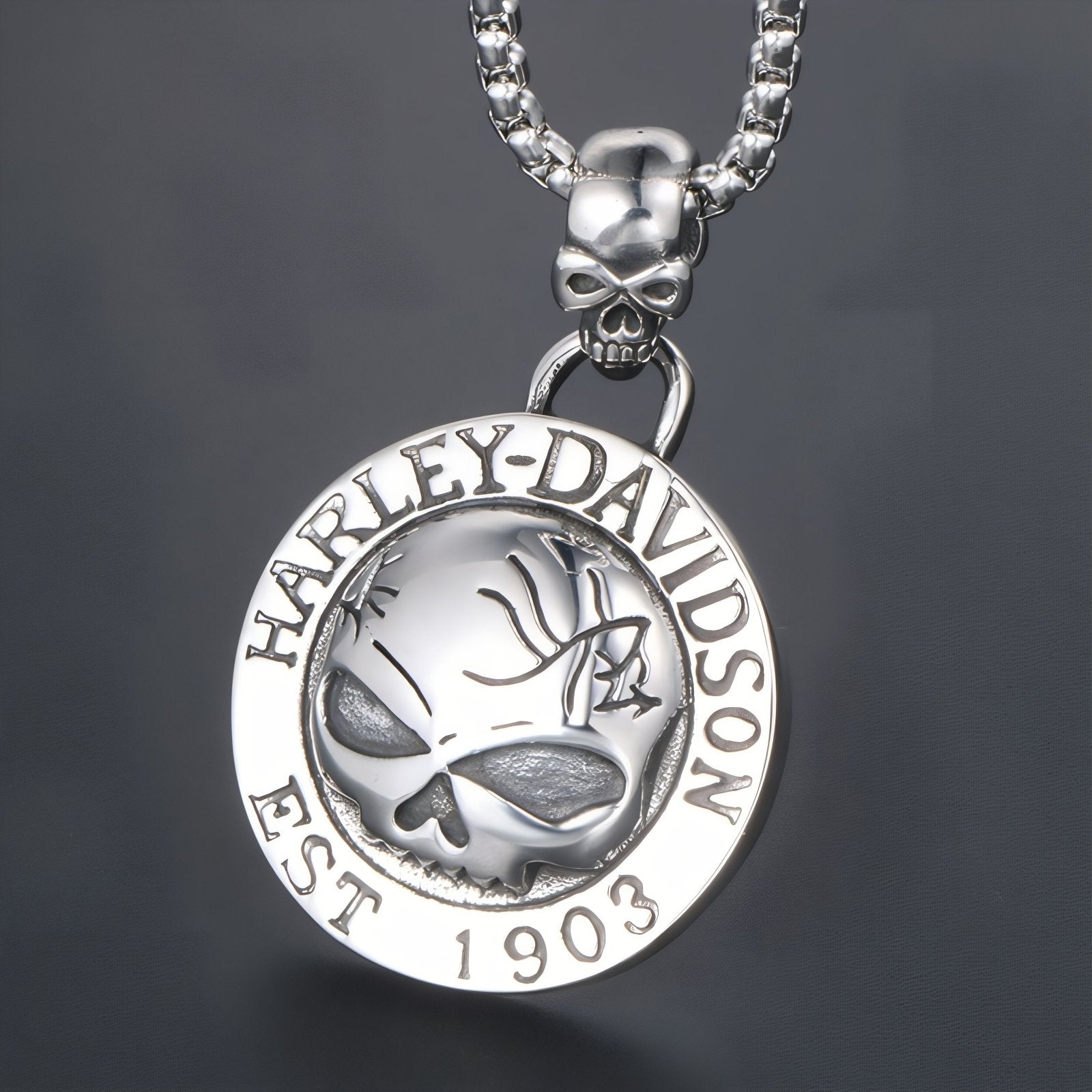 Collier biker pour homme, avec pendentif circulaire tête de mort gravée Harley Davidson, en acier inoxydable