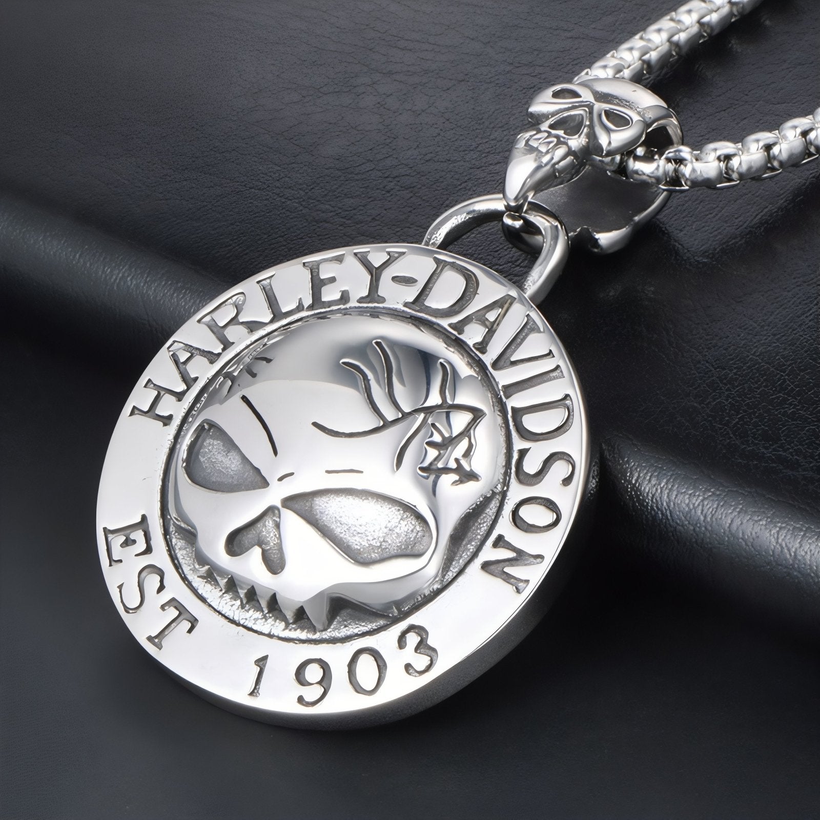 Collier biker pour homme, avec pendentif circulaire tête de mort gravée Harley Davidson, en acier inoxydable