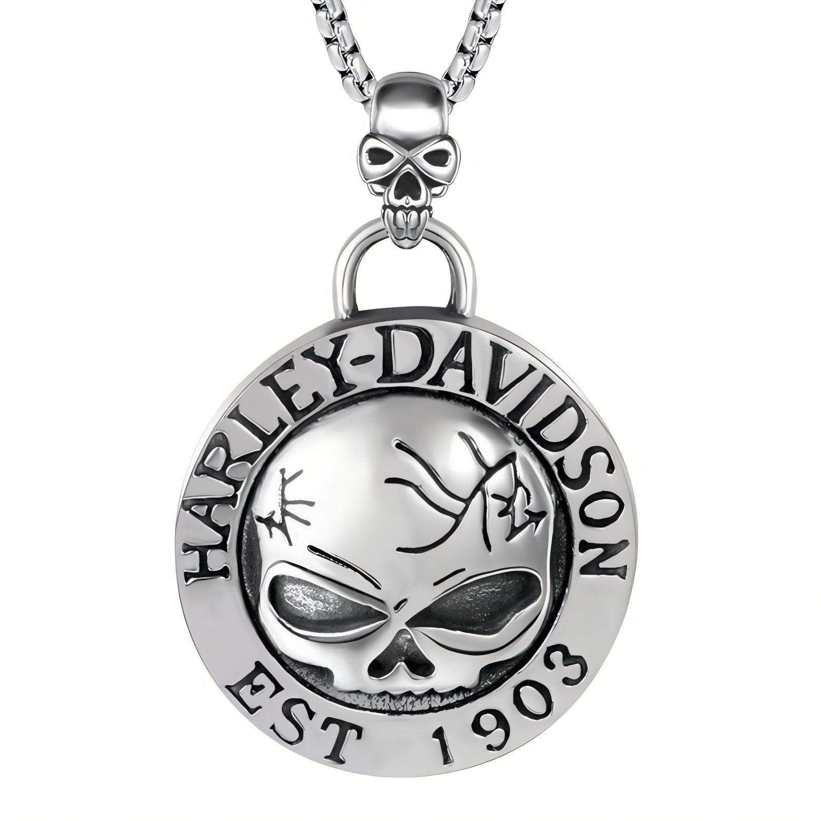 Collier biker pour homme, avec pendentif circulaire tête de mort gravée Harley Davidson, en acier inoxydable