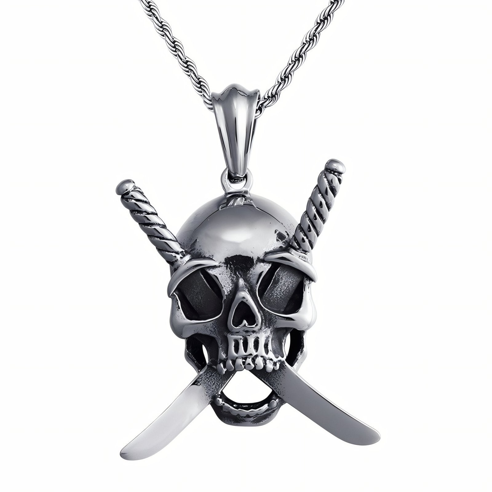 Collier biker pour homme, avec pendentif tête de mort à double épée, en acier inoxydable