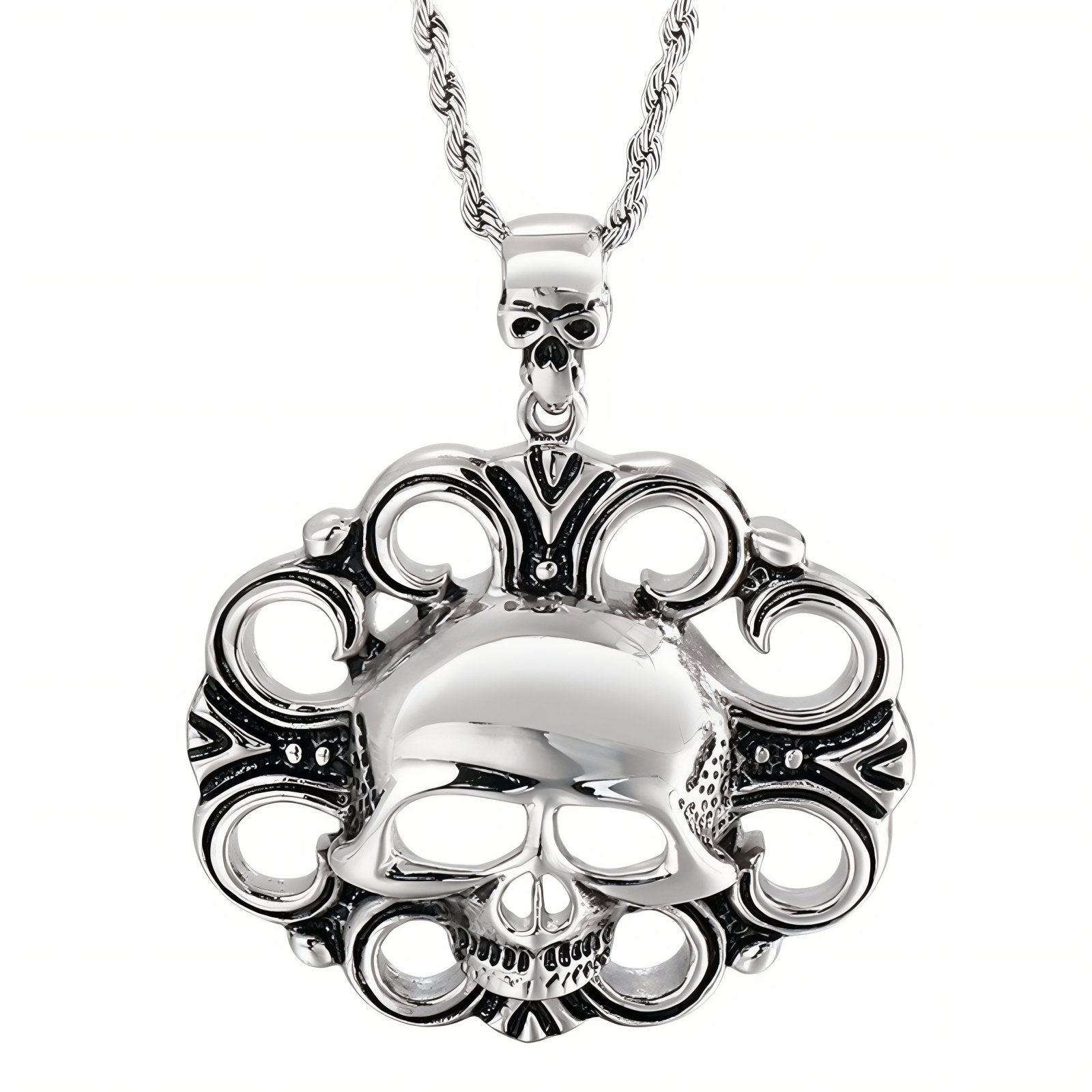 Collier biker pour homme, avec pendentif tête de mort sculptée, en acier inoxydable