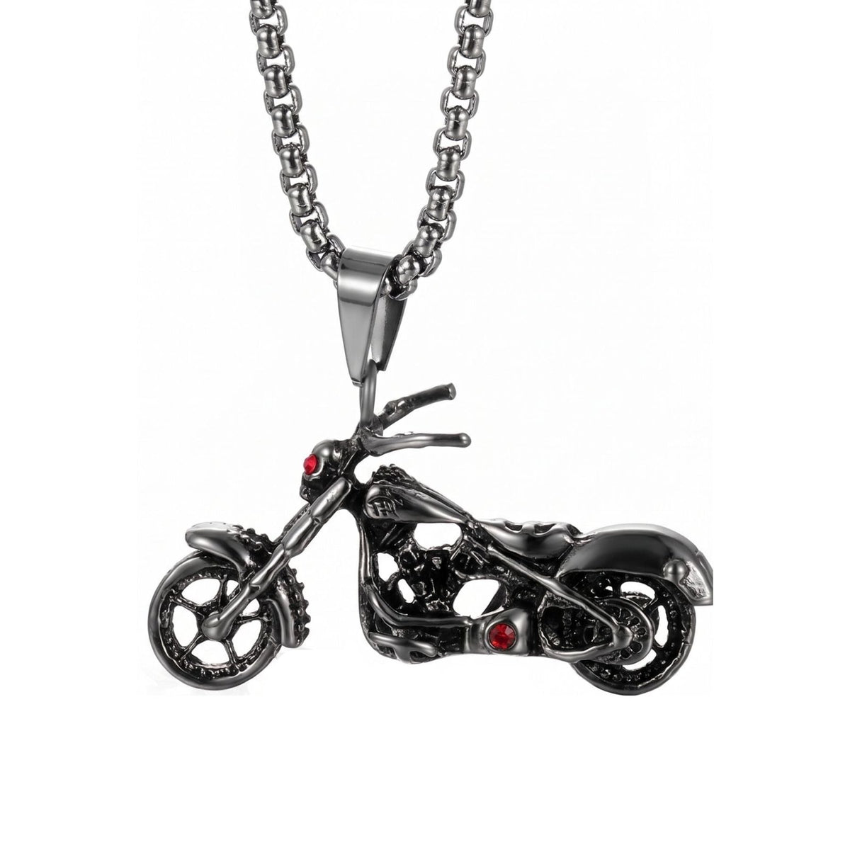 Collier biker pour homme, en acier inoxydable et titane, pendentif moto chopper avec pierres rouges