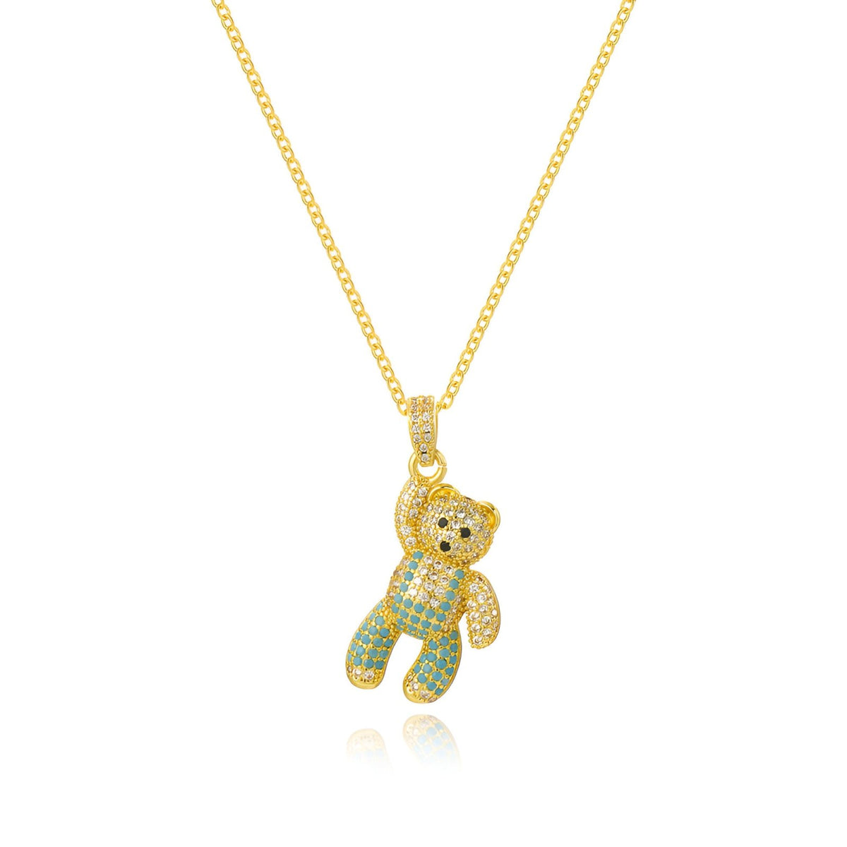 Trendy Urban Bling Gold Teddy Bear Necklace with Colorful Zirconia