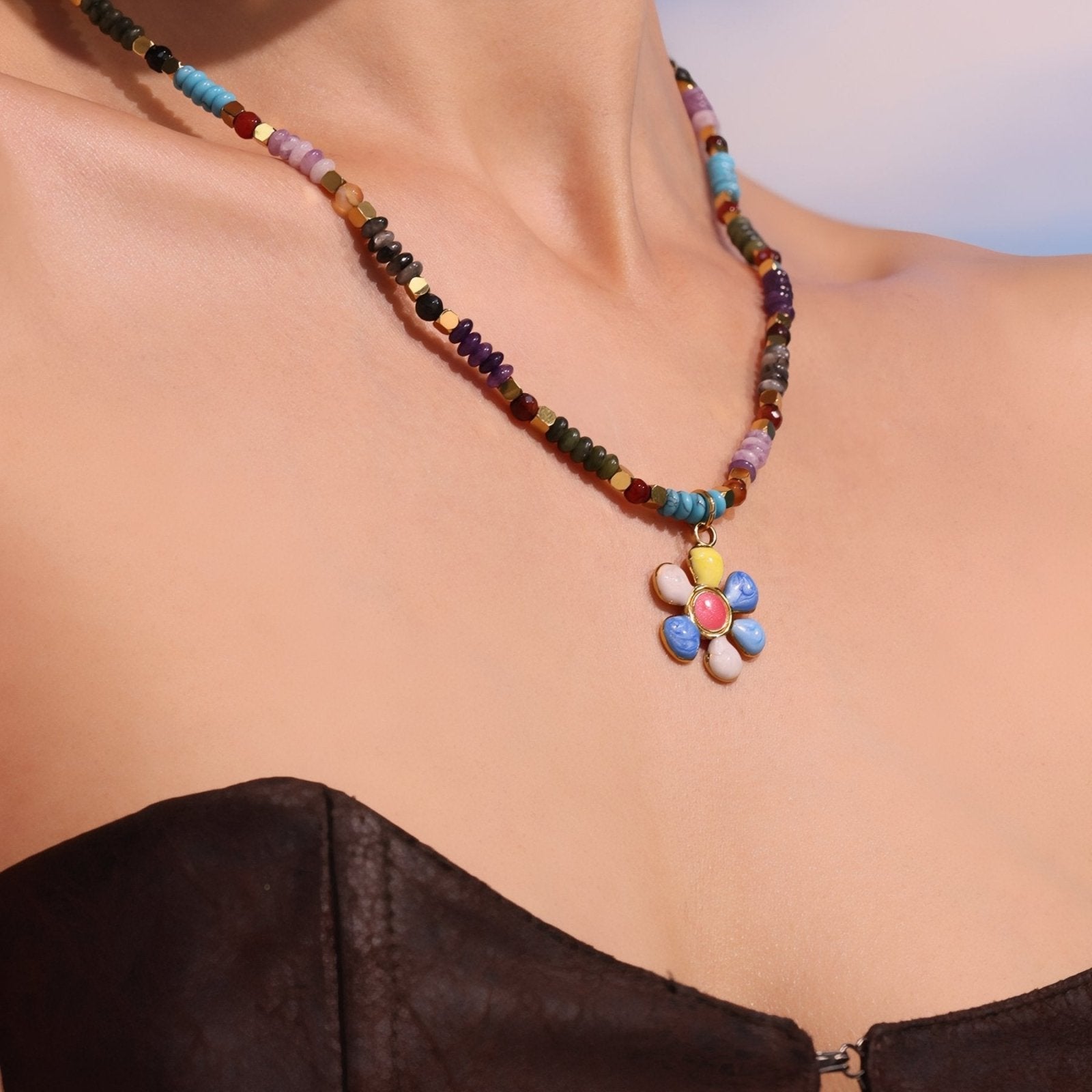 Collier bohème en pierres naturelles, pendentif fleur, pierres d’agate et acier inoxydable