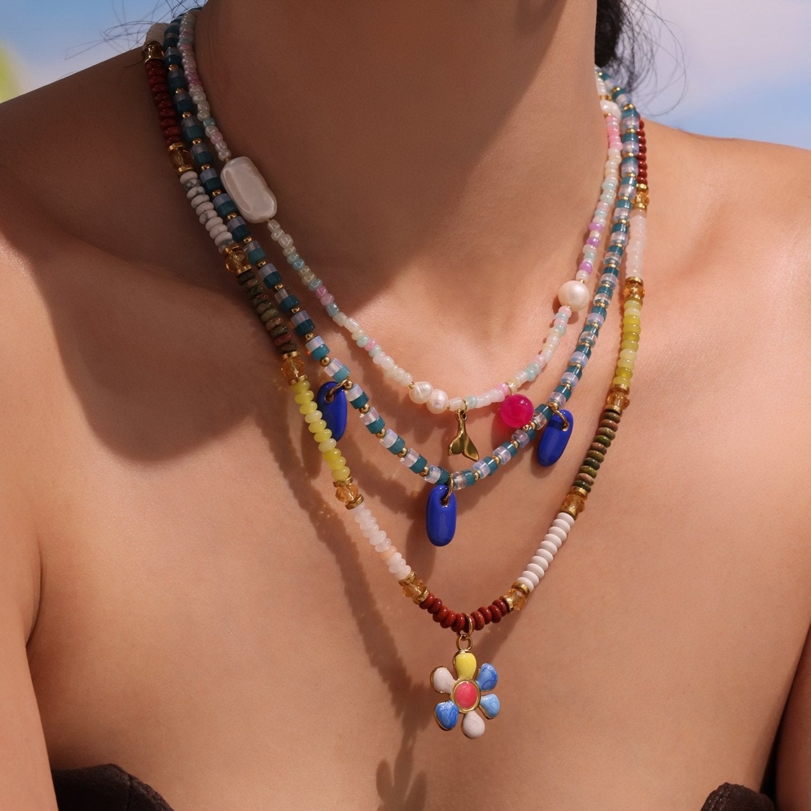 Collier bohème en pierres naturelles, pendentif fleur, pierres d’agate et acier inoxydable