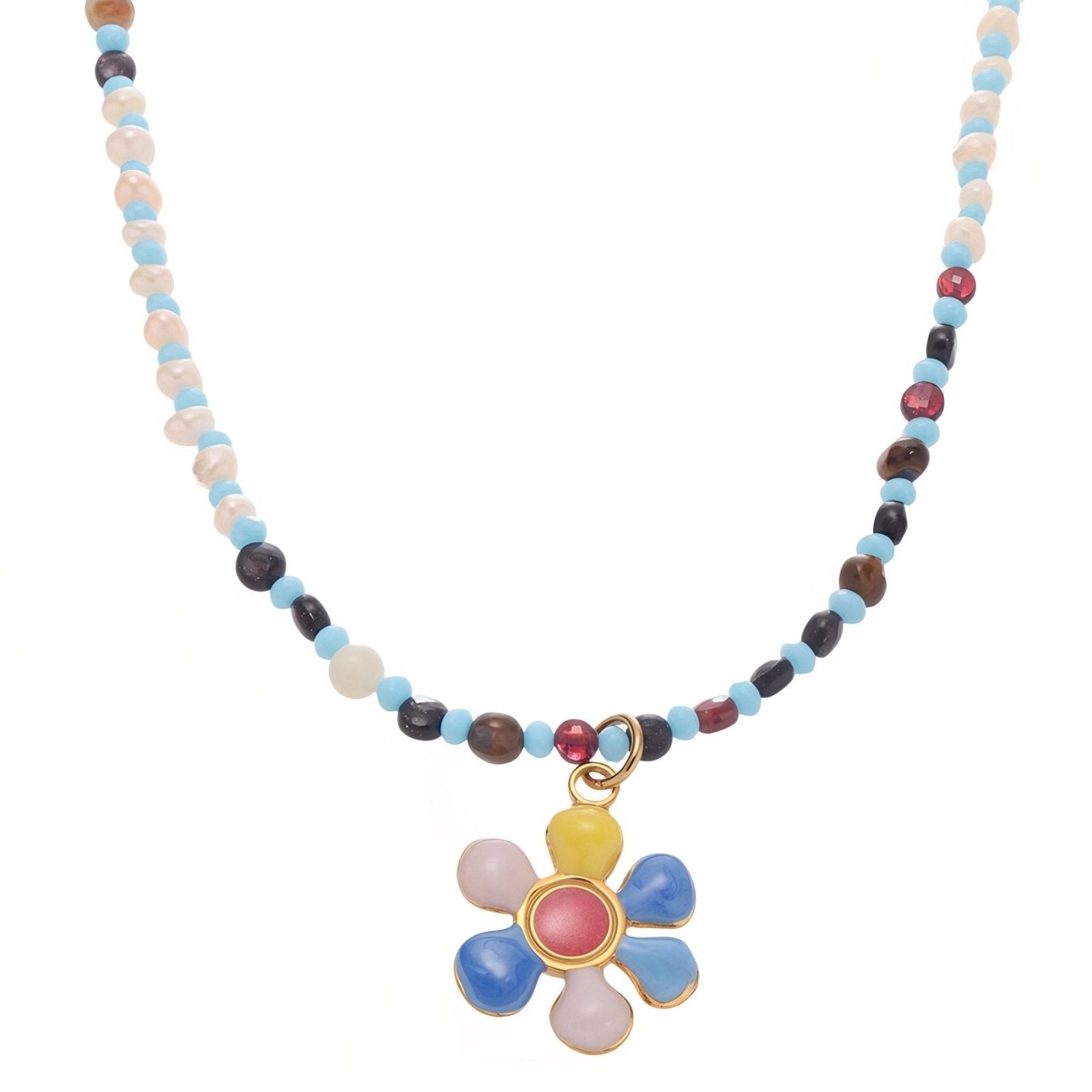 Collier bohème en pierres naturelles, pendentif fleur, pierres d’agate et acier inoxydable