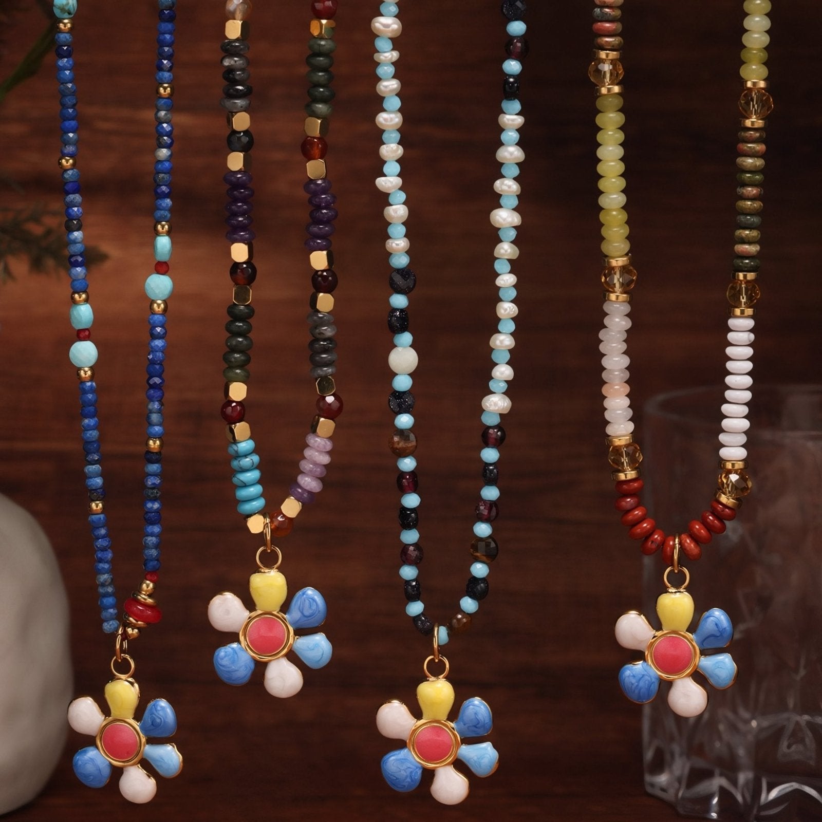 Collier bohème en pierres naturelles, pendentif fleur, pierres d’agate et acier inoxydable