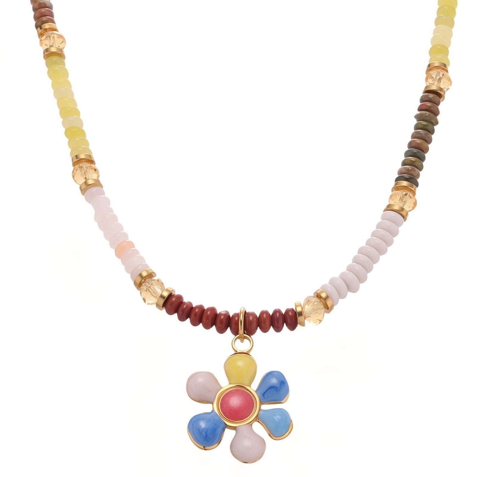 Collier bohème en pierres naturelles, pendentif fleur, pierres d’agate et acier inoxydable