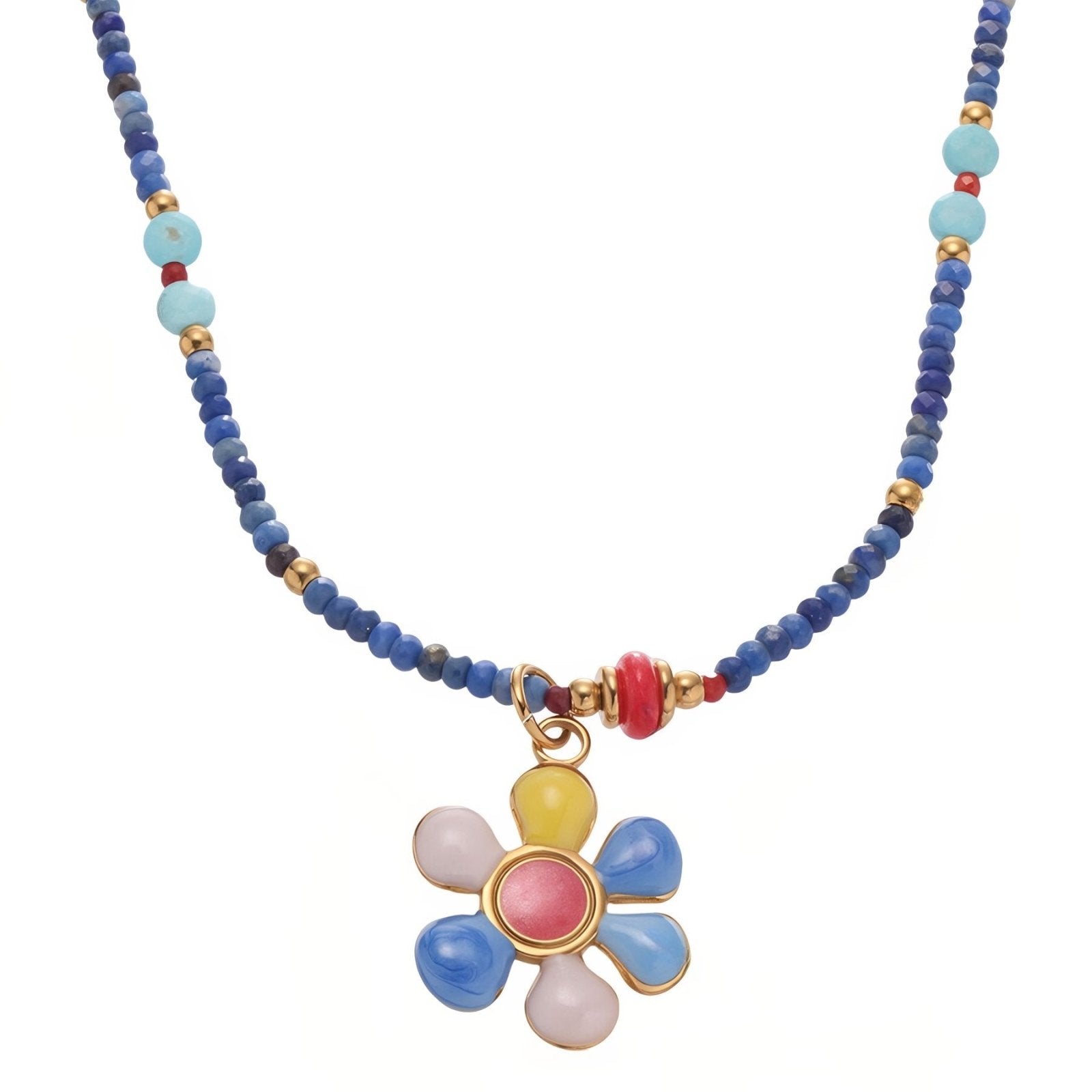 Collier bohème en pierres naturelles, pendentif fleur, pierres d’agate et acier inoxydable