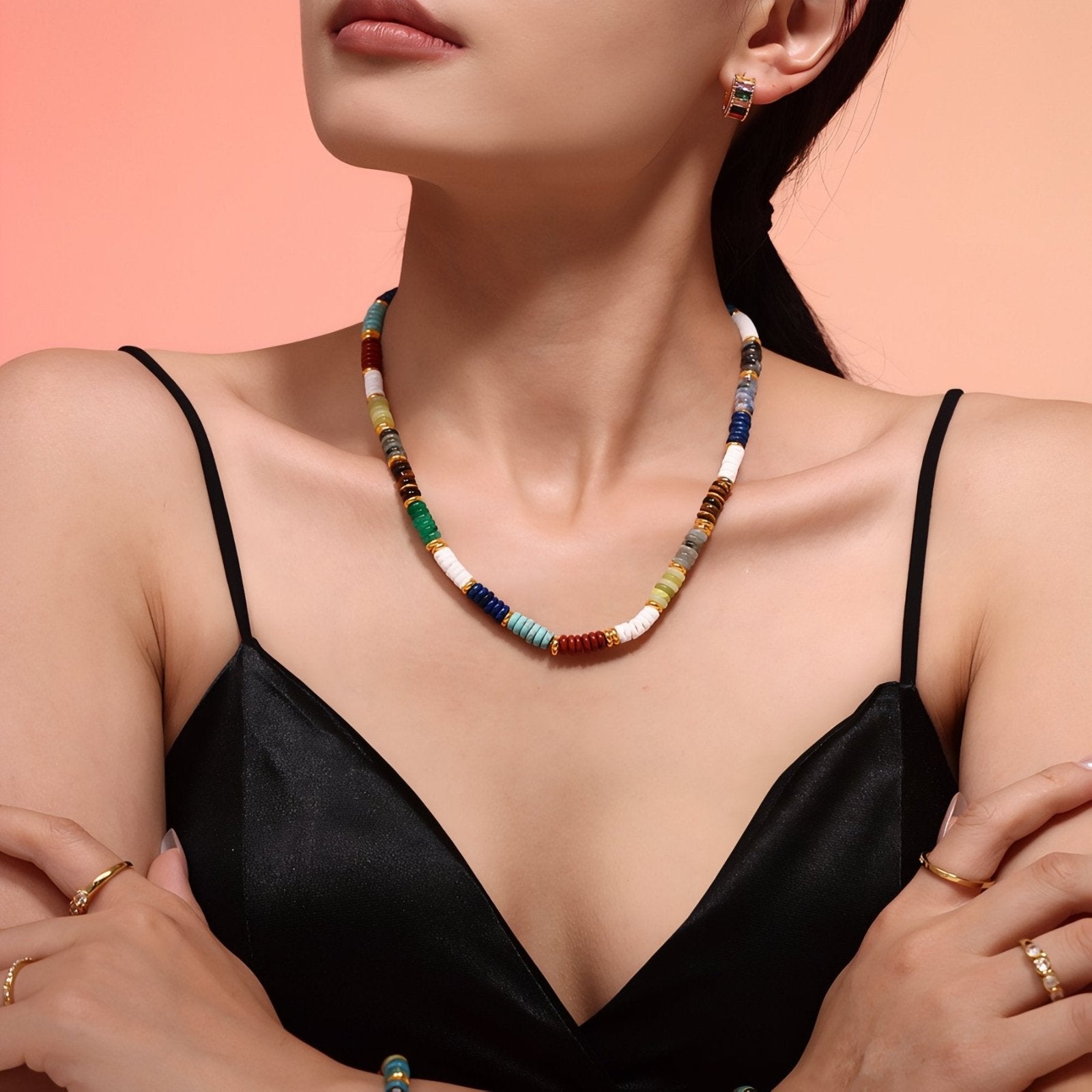 Collier bohème en pierres naturelles, perles rondelles et acier inoxydable plaqué or 18K