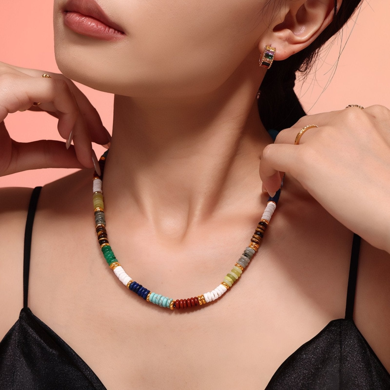 Collier bohème en pierres naturelles, perles rondelles et acier inoxydable plaqué or 18K