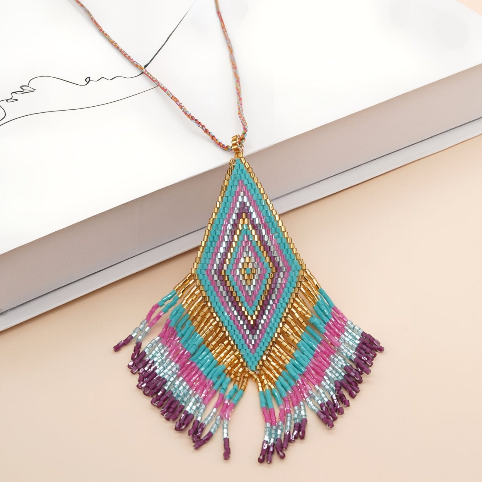 Collier bohème long pour femme, pendentif losange coloré et franges, en perles de verre Miyuki