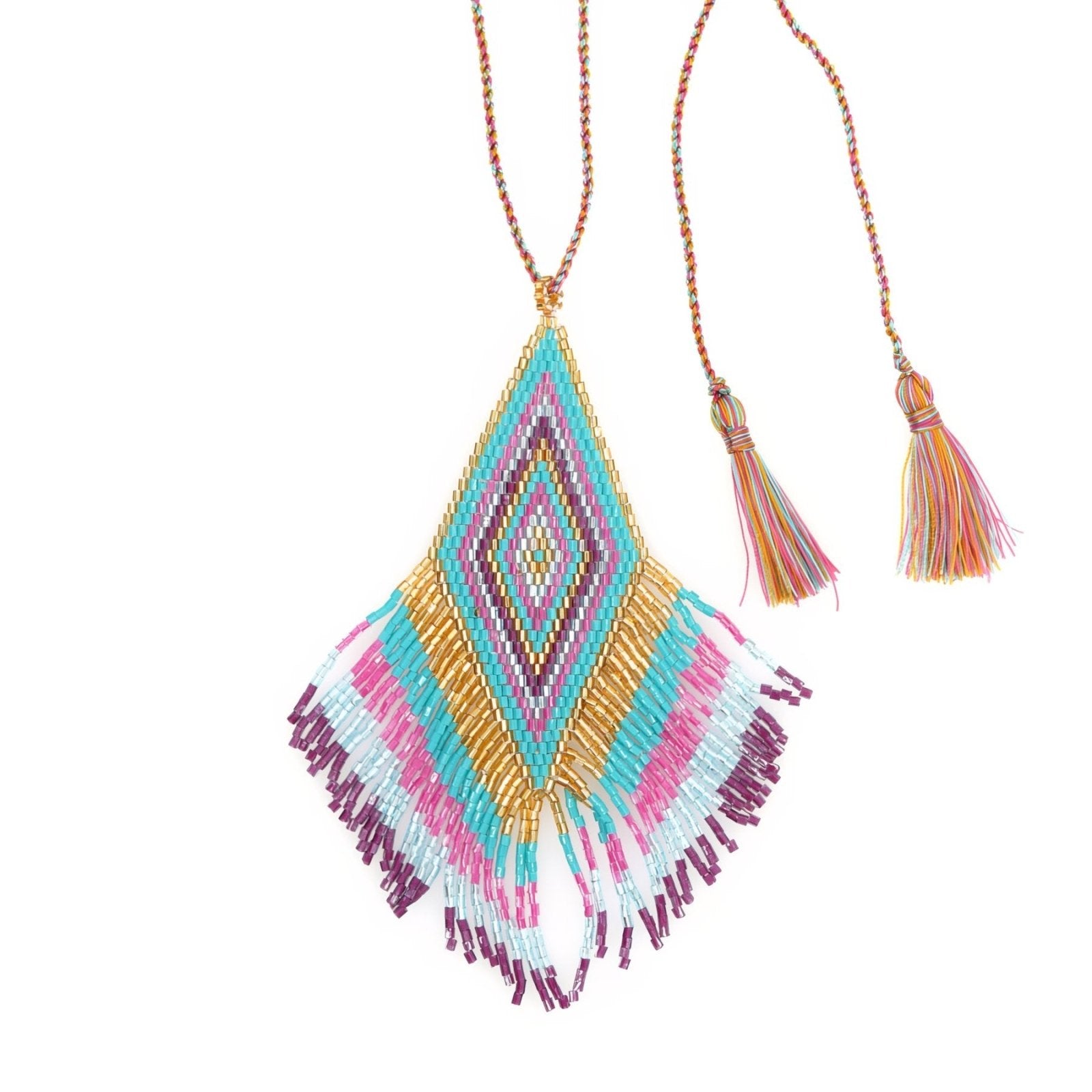 Collier bohème long pour femme, pendentif losange coloré et franges, en perles de verre Miyuki