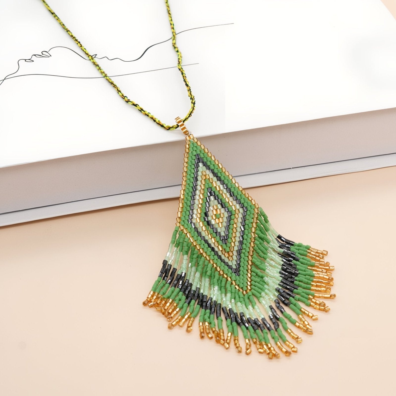 Collier bohème long pour femme, pendentif losange coloré et franges, en perles de verre Miyuki