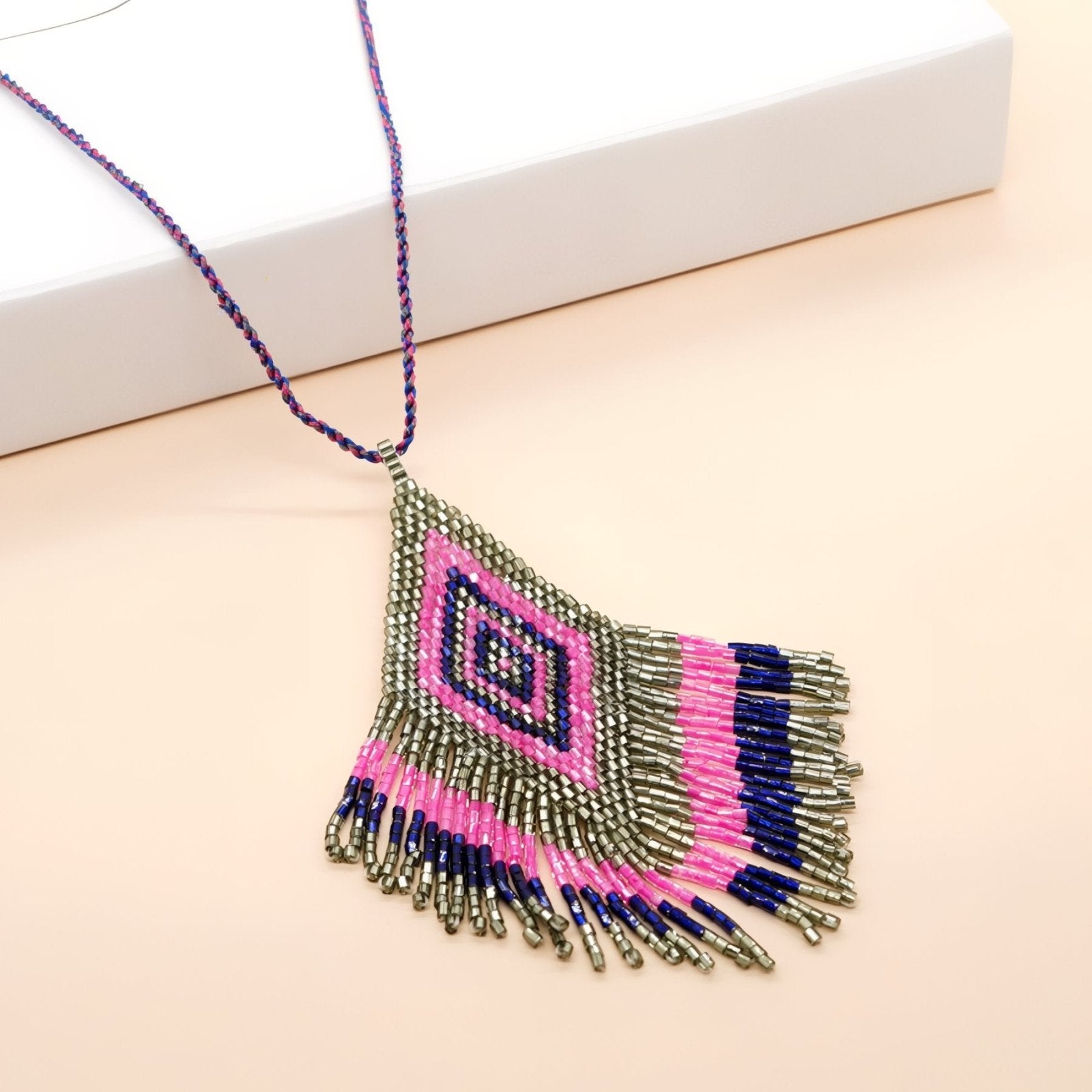 Collier bohème long pour femme, pendentif losange coloré et franges, en perles de verre Miyuki