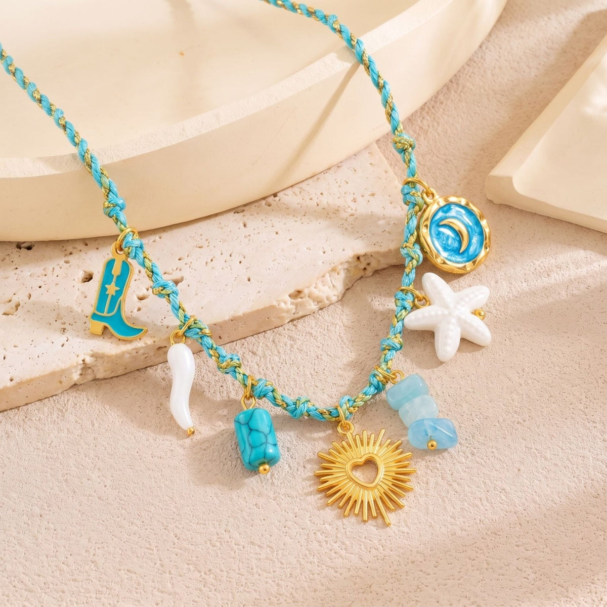 Collier bohème marin pour femme, en acier inoxydable doré, cordon tressé turquoise avec charms colorées
