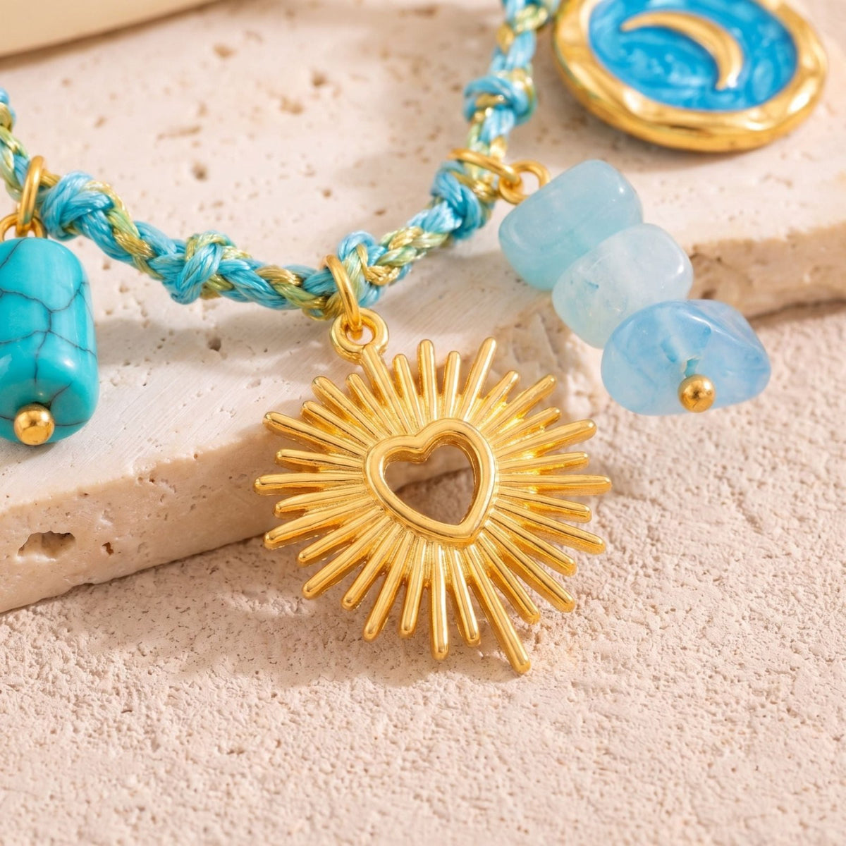 Collier bohème marin pour femme, en acier inoxydable doré, cordon tressé turquoise avec charms colorées