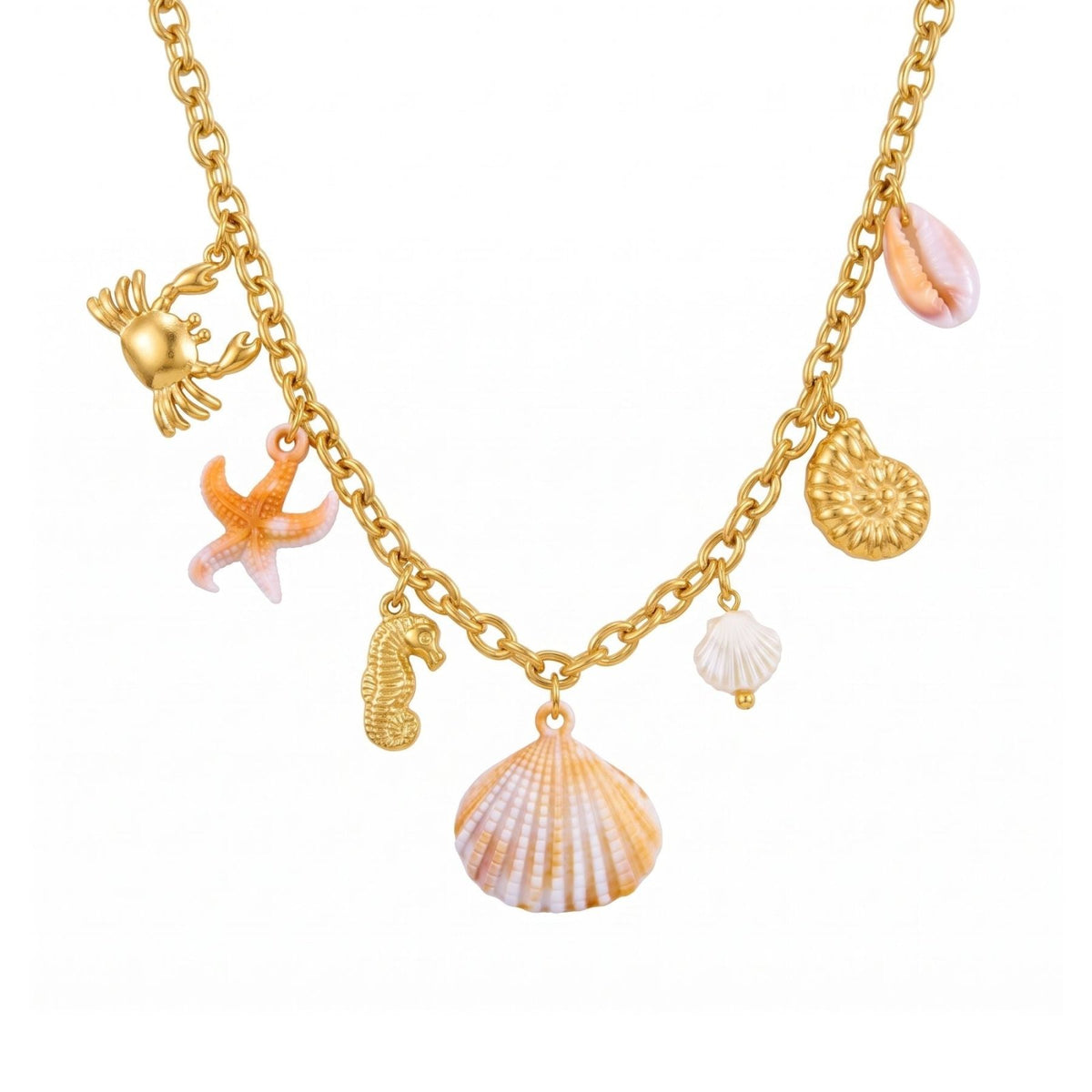 Collier bohème marin pour femme, en acier inoxydable doré, pendentif coquillage avec charms hippocampe et étoile de mer