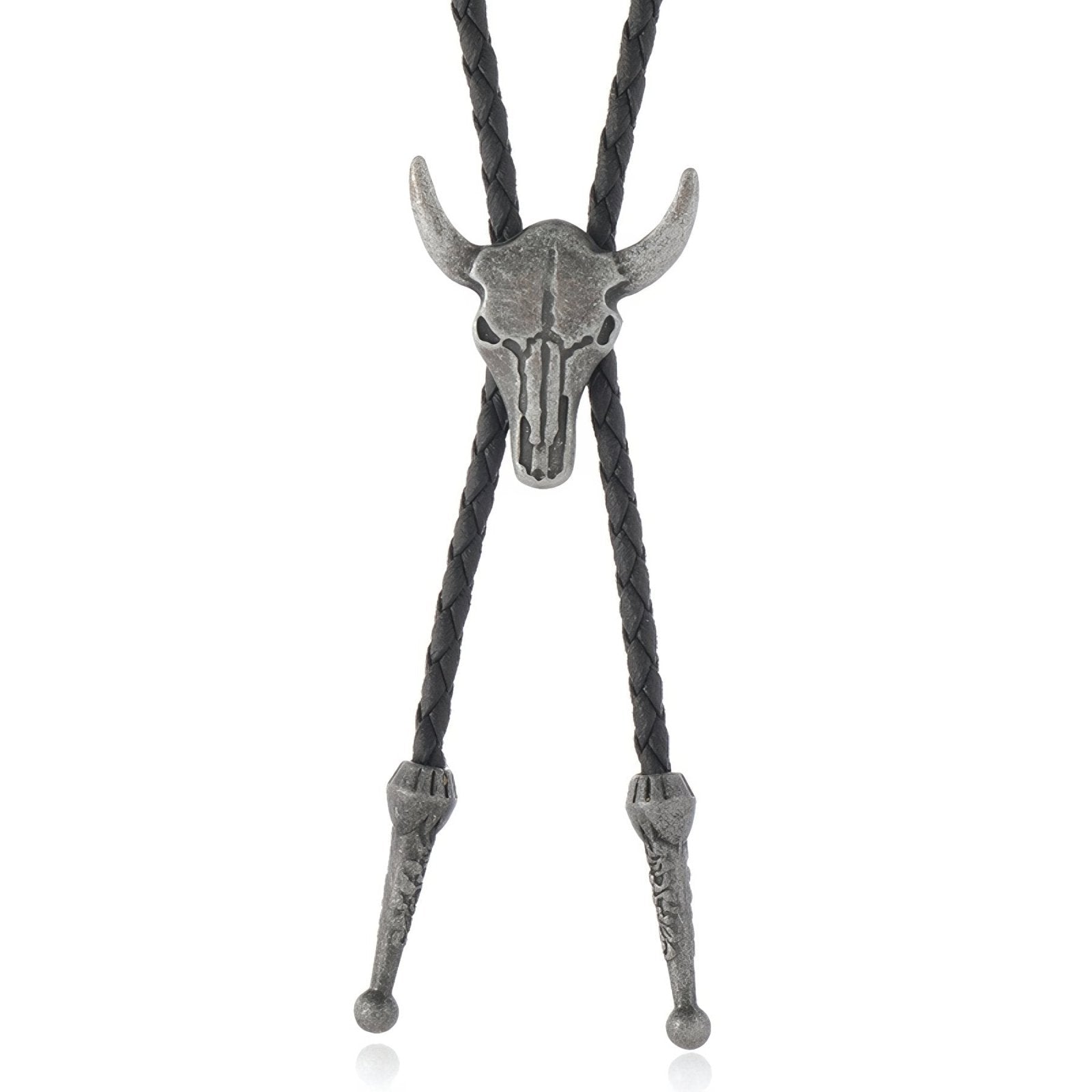 Collier bolo tie buffalo, tête de taureau en métal, cordon en cuir noir
