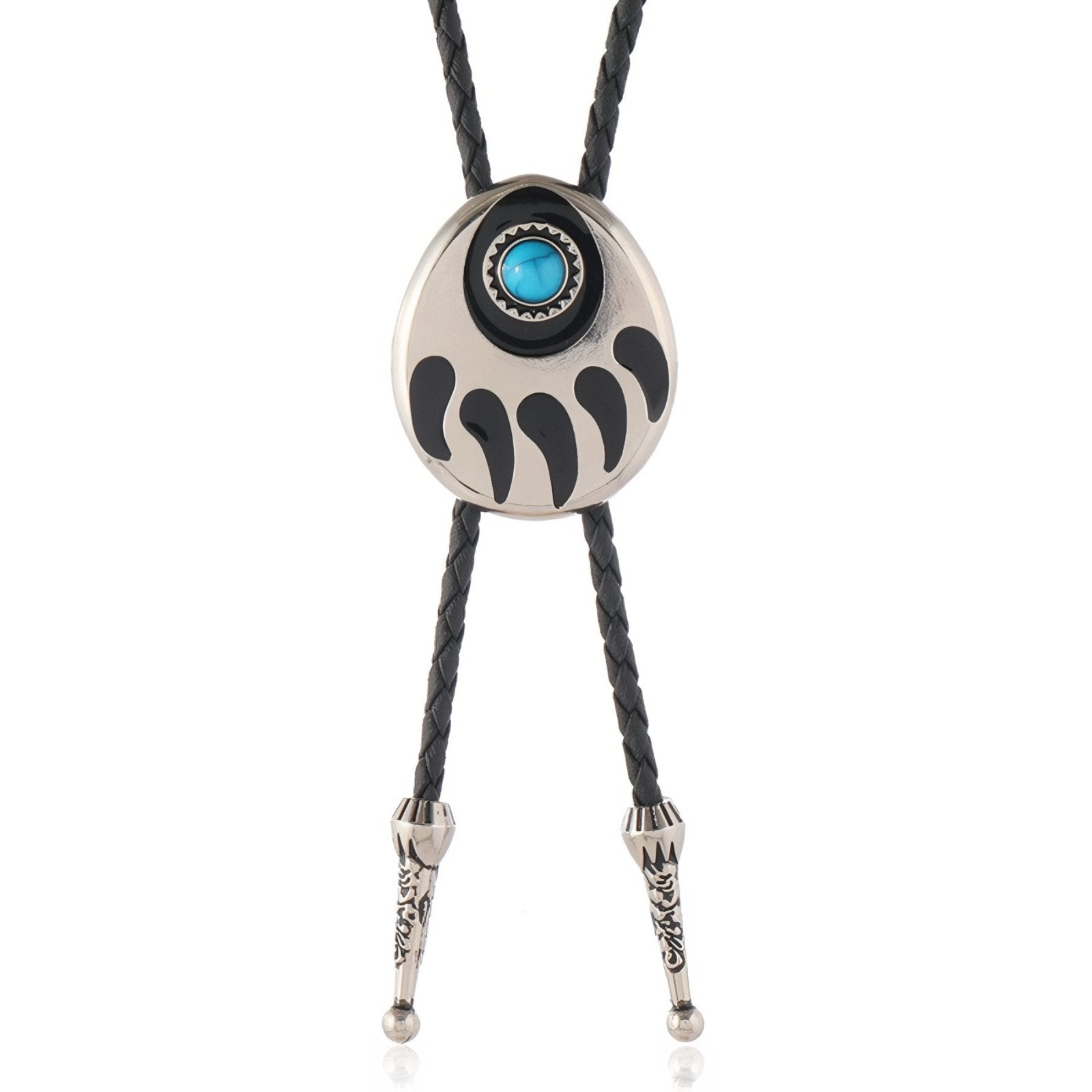 Collier bolo tie cowboy mixte, motif patte d'ours, style western, cordon en cuir noir et pierre turquoise