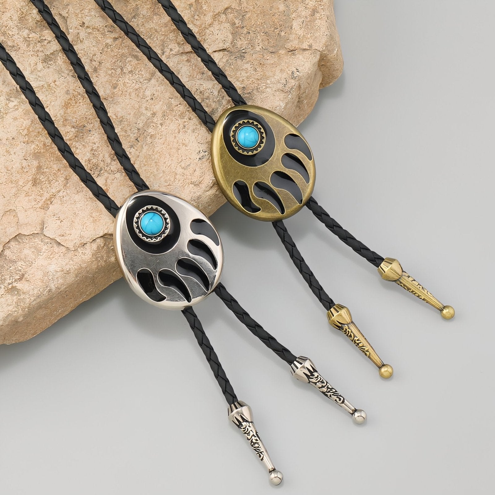 Collier bolo tie cowboy mixte, motif patte d'ours, style western, cordon en cuir noir et pierre turquoise
