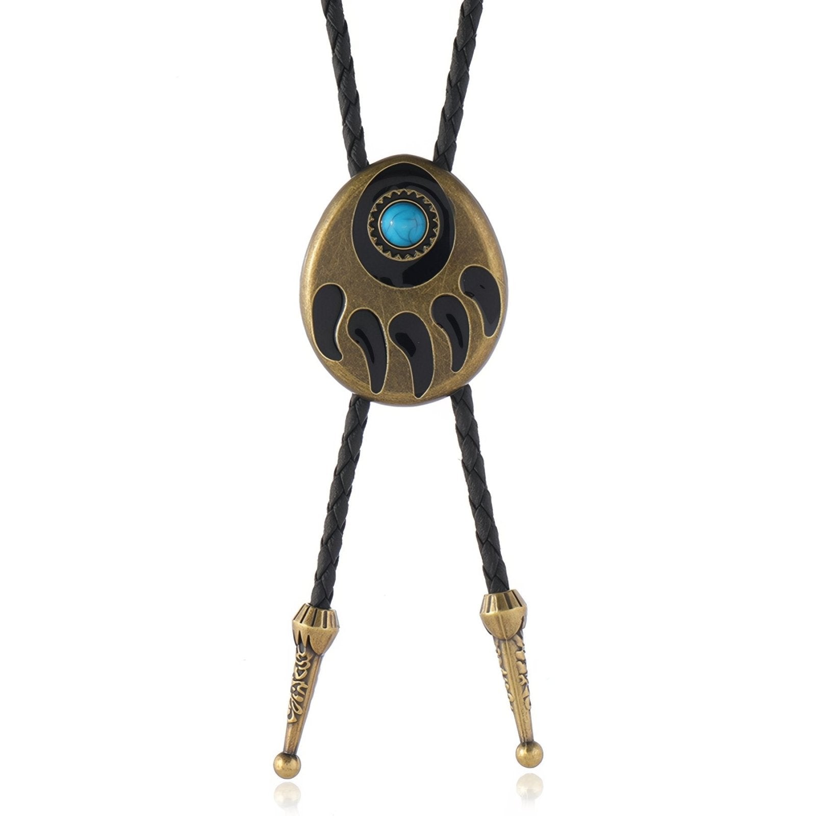 Collier bolo tie cowboy mixte, motif patte d'ours, style western, cordon en cuir noir et pierre turquoise