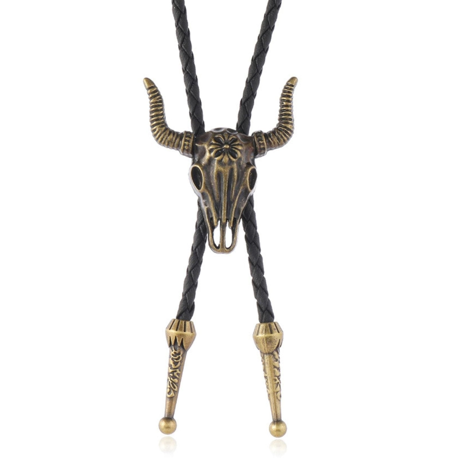 Collier bolo tie tête de taureau, cuir tressé noir, style western vintage