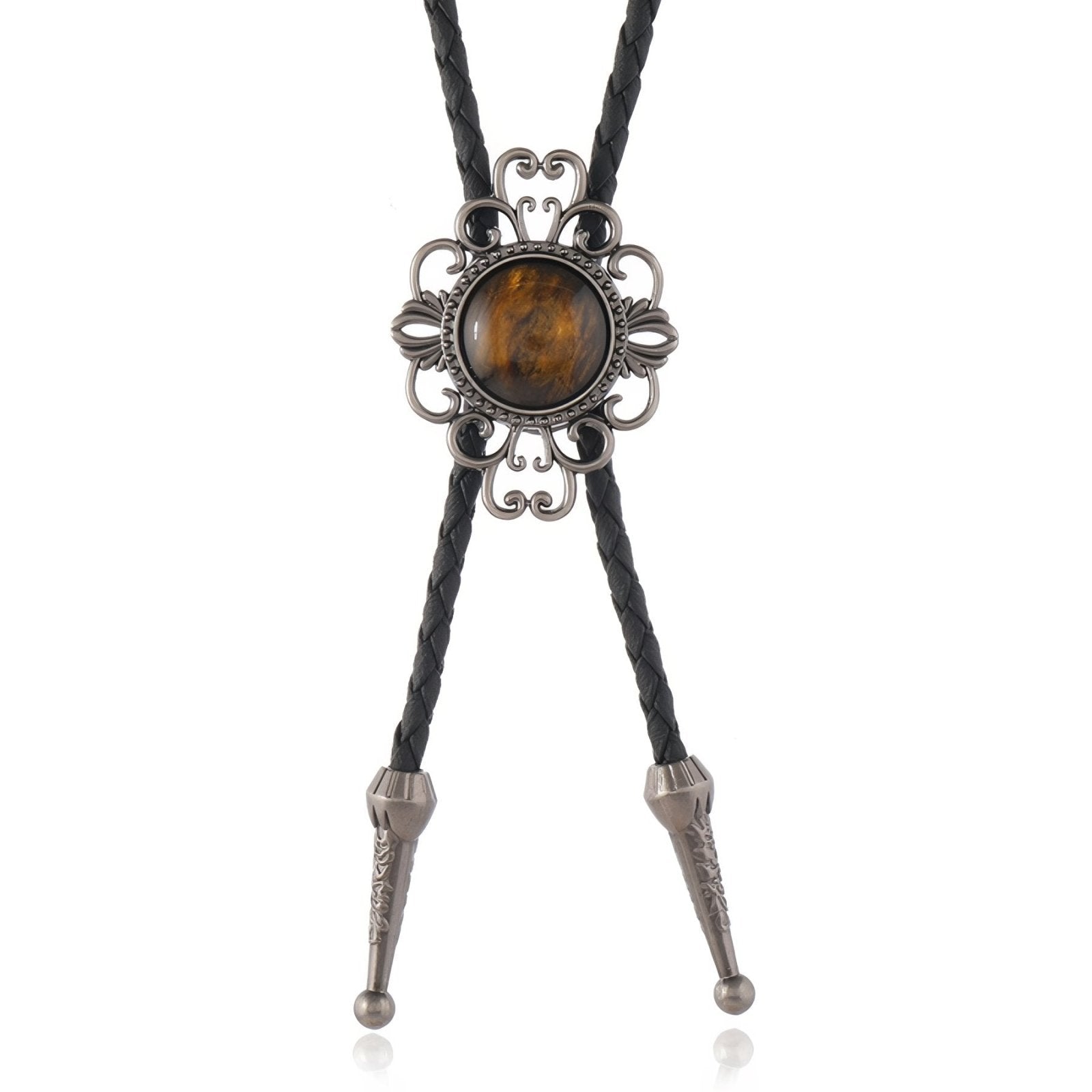 Collier bolo tie unisexe, cabochon œil - de - tigre et monture florale, cordon en cuir noir