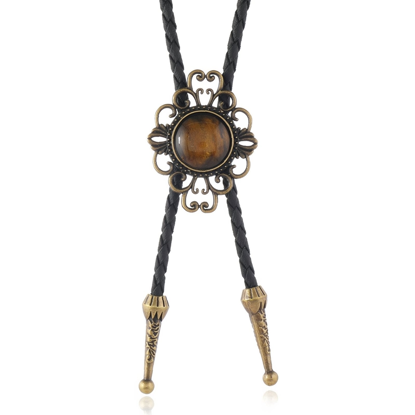 Collier bolo tie unisexe, cabochon œil - de - tigre et monture florale, cordon en cuir noir