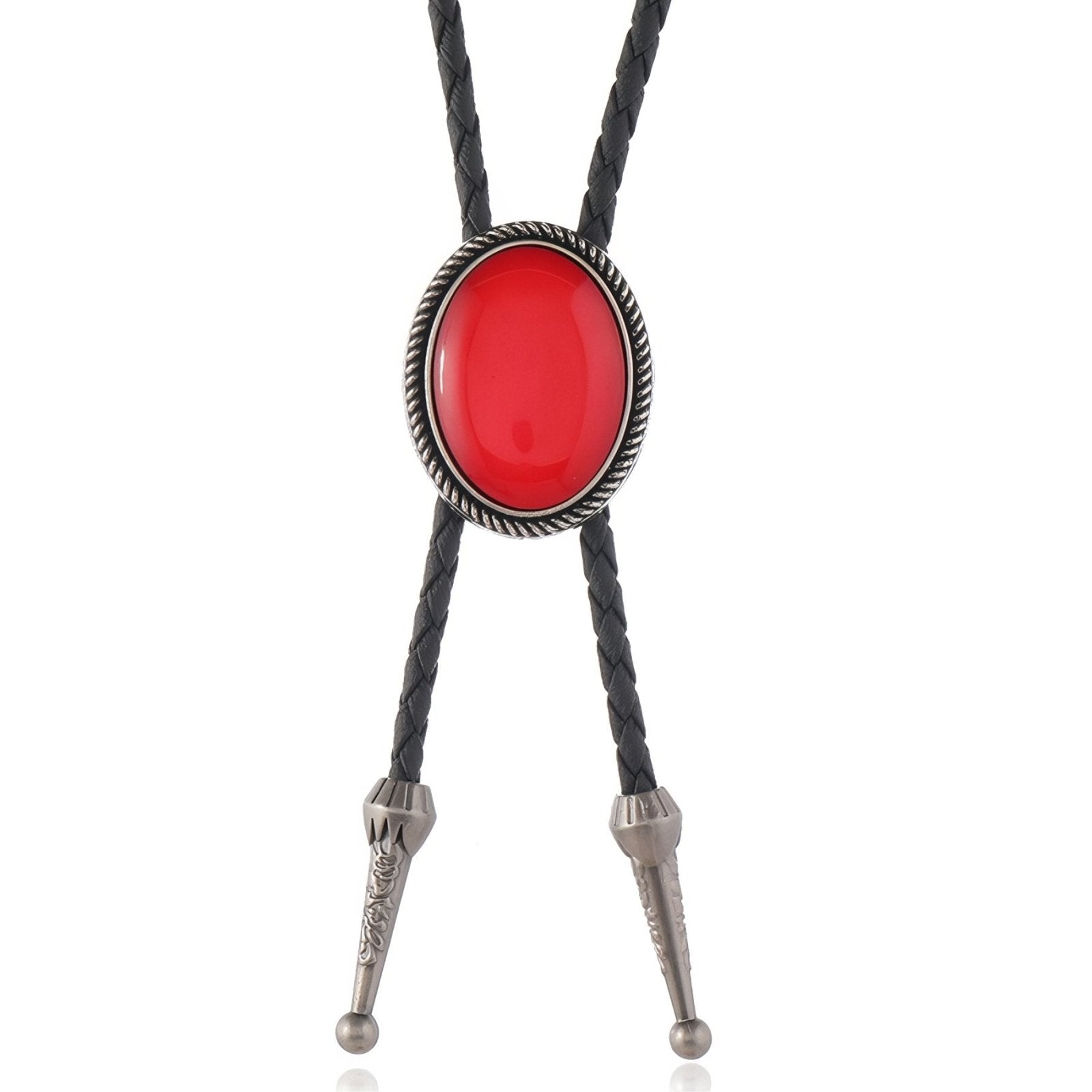 Collier bolo tie unisexe, médaillon cabochon ovale rouge ou turquoise, cordon en cuir noir