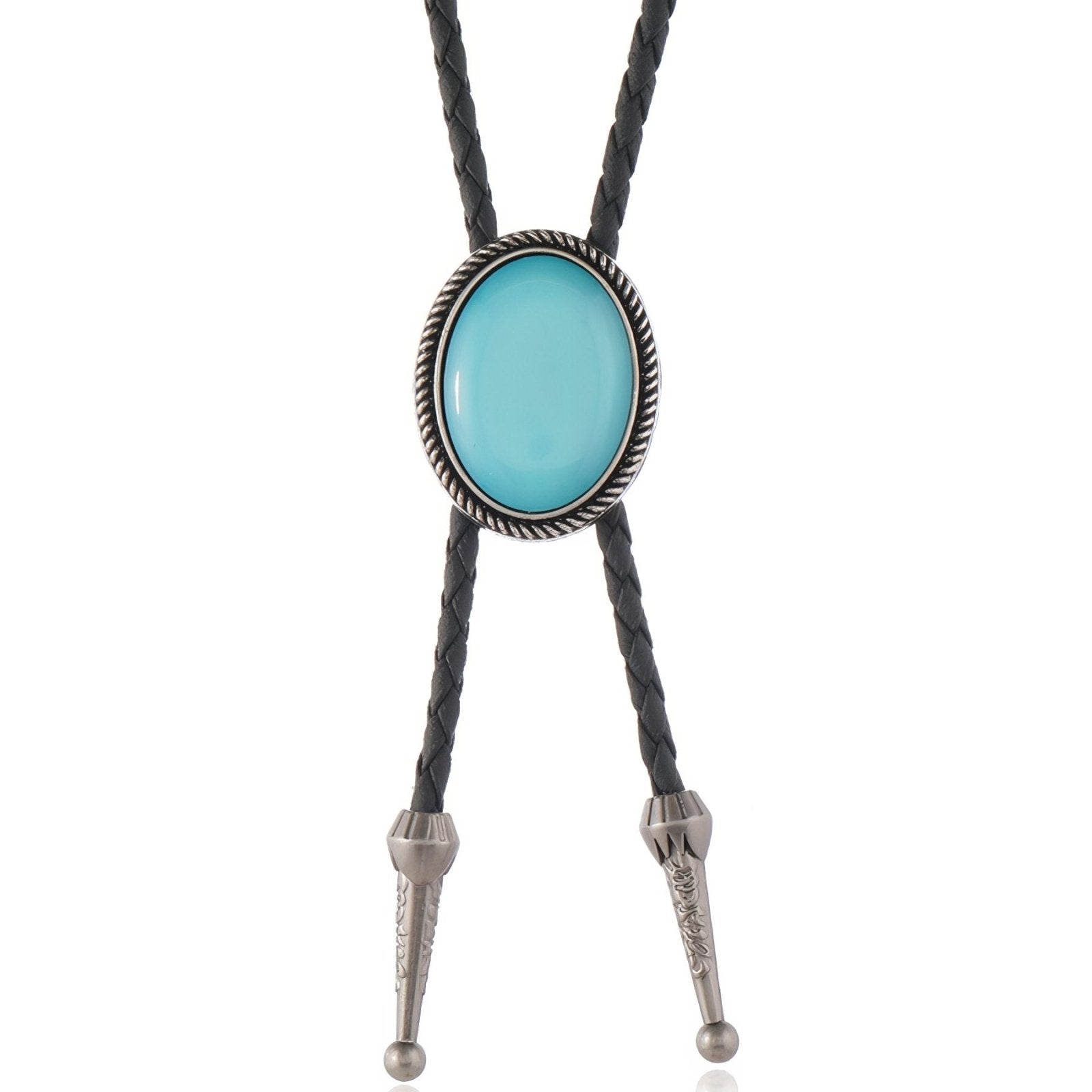 Collier bolo tie unisexe, médaillon cabochon ovale rouge ou turquoise, cordon en cuir noir